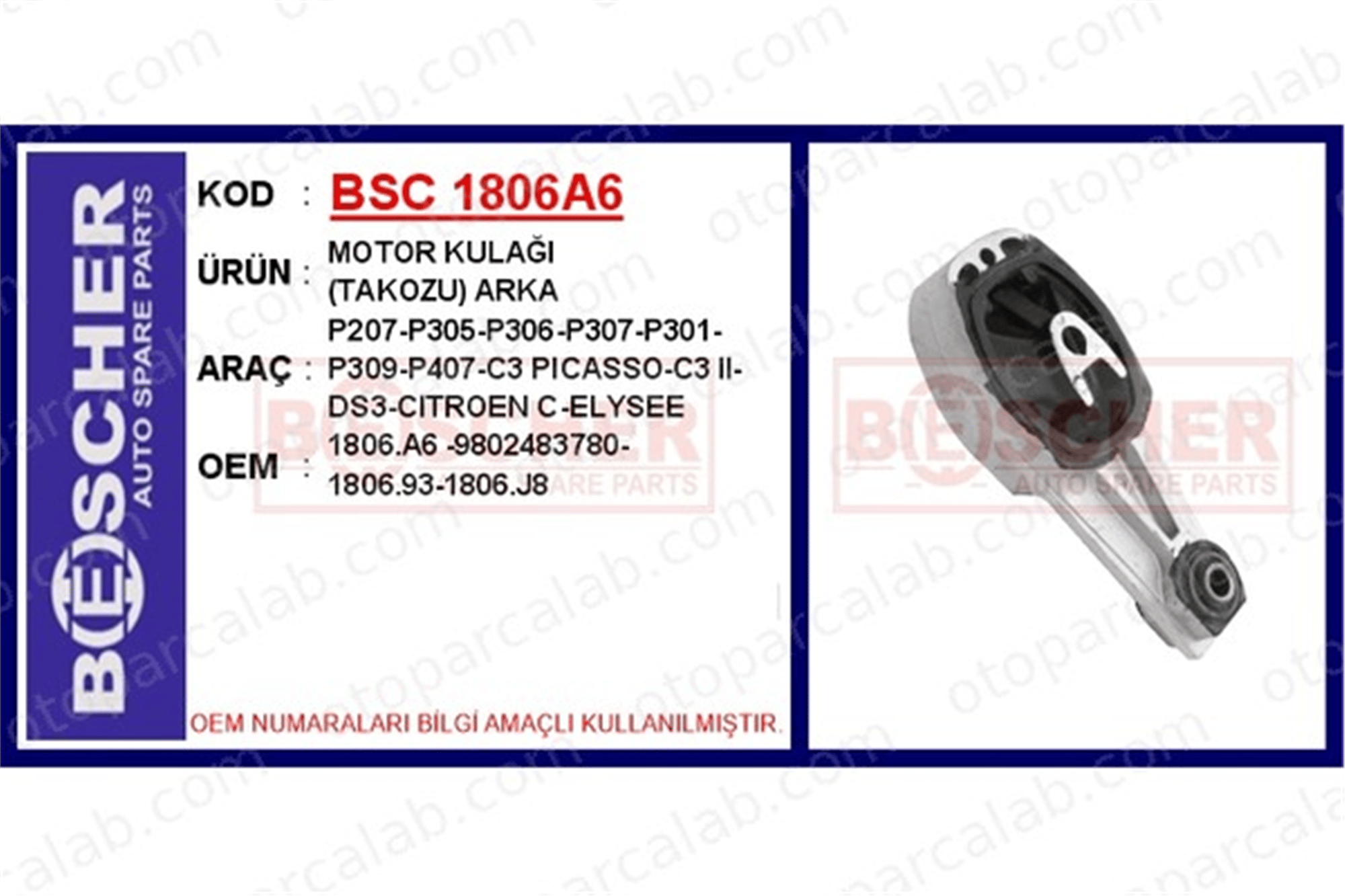 BESCHER 1806A6 Motor Takozu Arka CITROËN C3 AIRCROSS II PEUGEOT 2008 I 1806A6 9802483780
