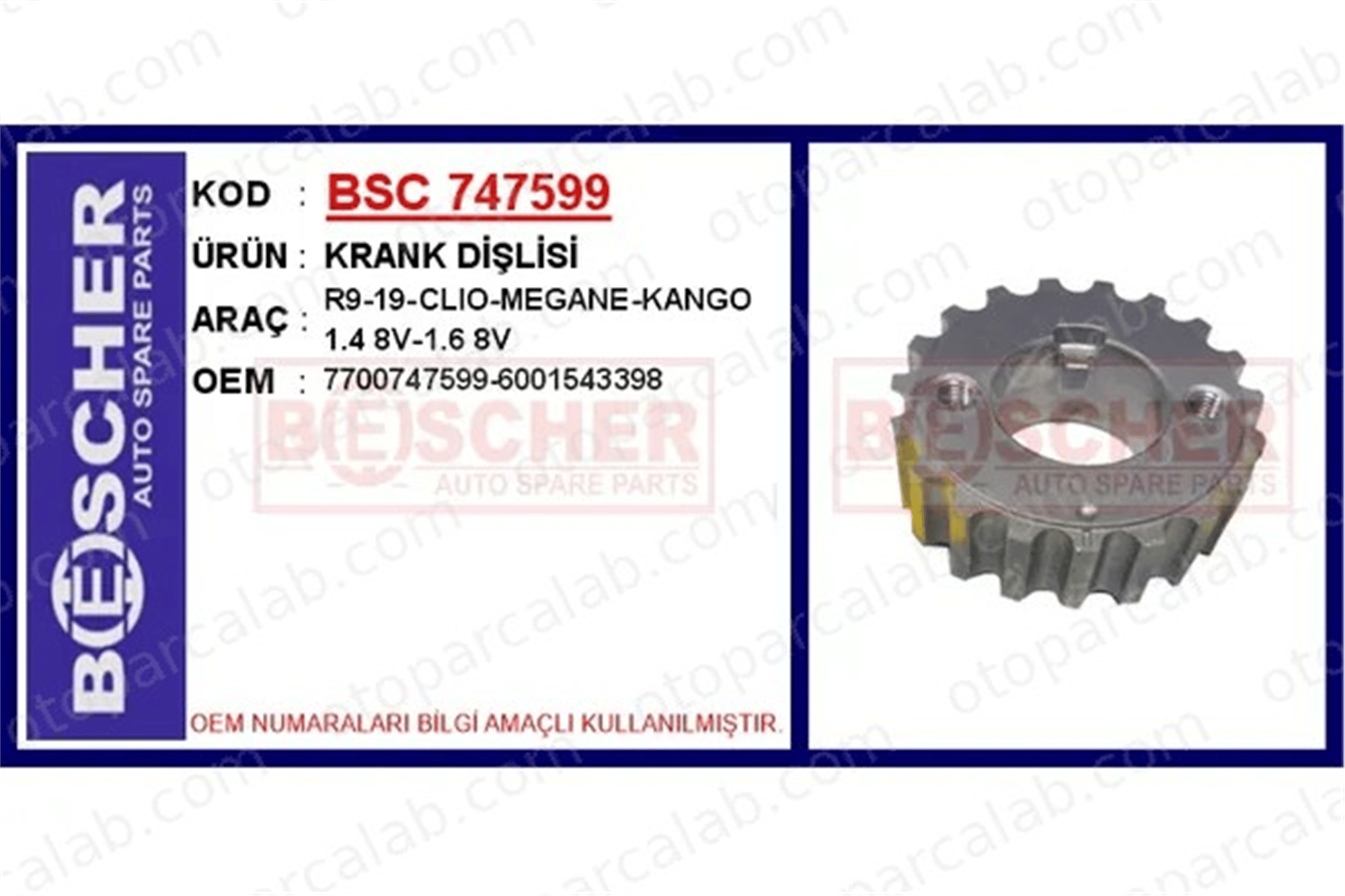 BESCHER 747599 Krank Dişli RENAULT MEGANE I MEGANE I Classic 7700747599