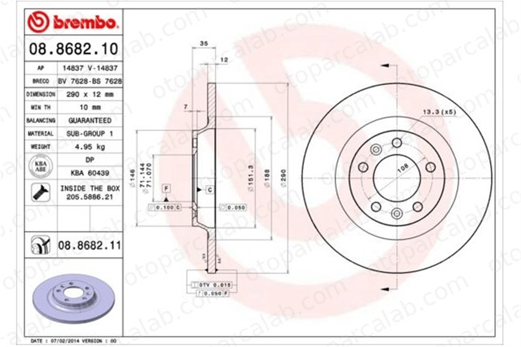 BREMBO 08.8682.10 Fren Disk Ayna Arka Sağ ve Sol CITROËN C5 III Break C5 III 4249C1 424972