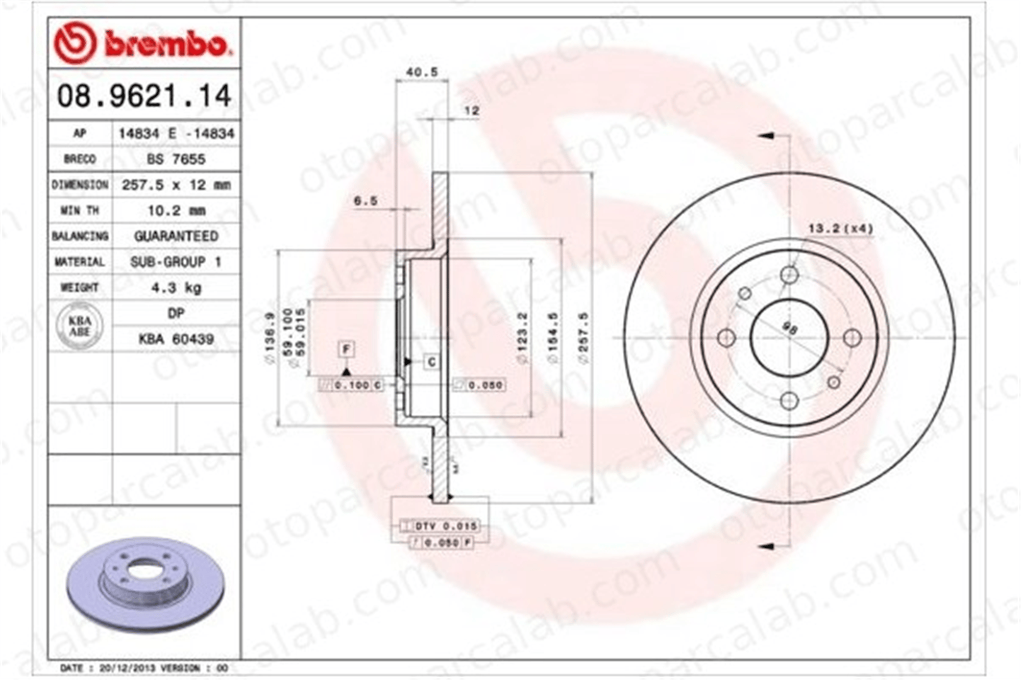 BREMBO 08.9621.14 Fren Disk Ayna Ön Sağ ve Sol FIAT TIPO TEMPRA 46820655 71738373