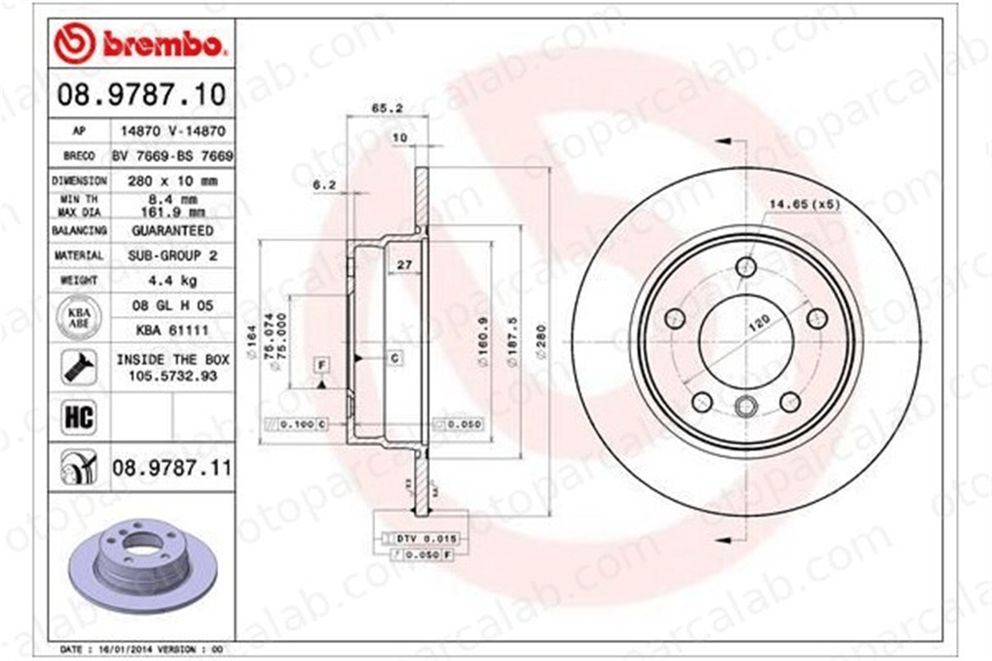 BREMBO 08.9787.11 Fren Disk Ayna Arka Sağ ve Sol BMW 1 34216855001 34216764647