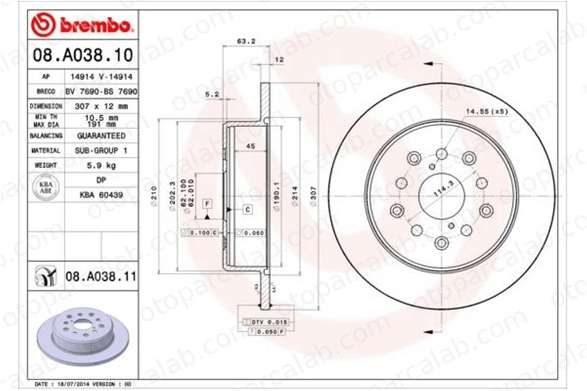 BREMBO 08.A038.11 Fren Disk Ayna Arka Sağ ve Sol LEXUS GS IS I 4243153011 4243130260