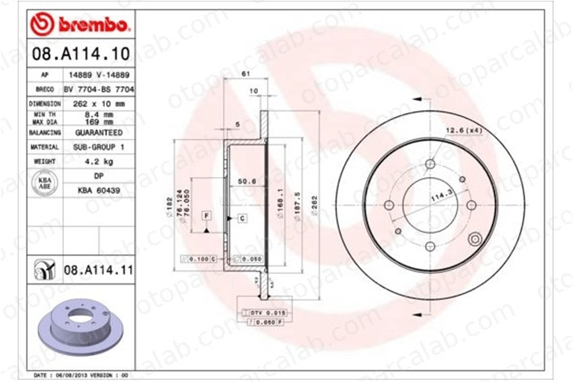 BREMBO 08.A114.11 Fren Disk Ayna Arka Sağ ve Sol HYUNDAI MATRIX SONATA IV 5841138310 5841138300