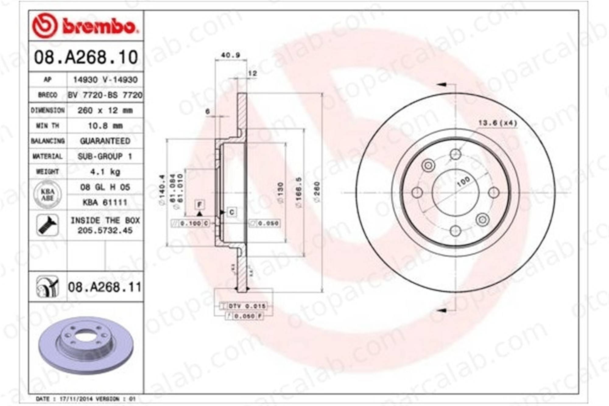 BREMBO 08.A268.10 Fren Disk Ayna Ön Sağ ve Sol DACIA LOGAN SANDERO 402065345R 7701208252