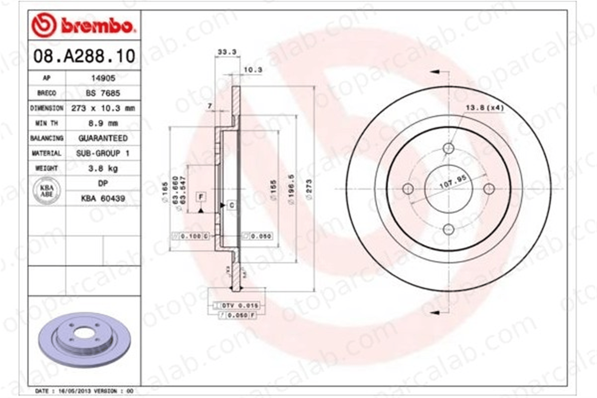 BREMBO 08.A288.10 Fren Disk Ayna Arka Sağ ve Sol FORD SIERRA II SIERRA II Hatchback 5022667 1637534