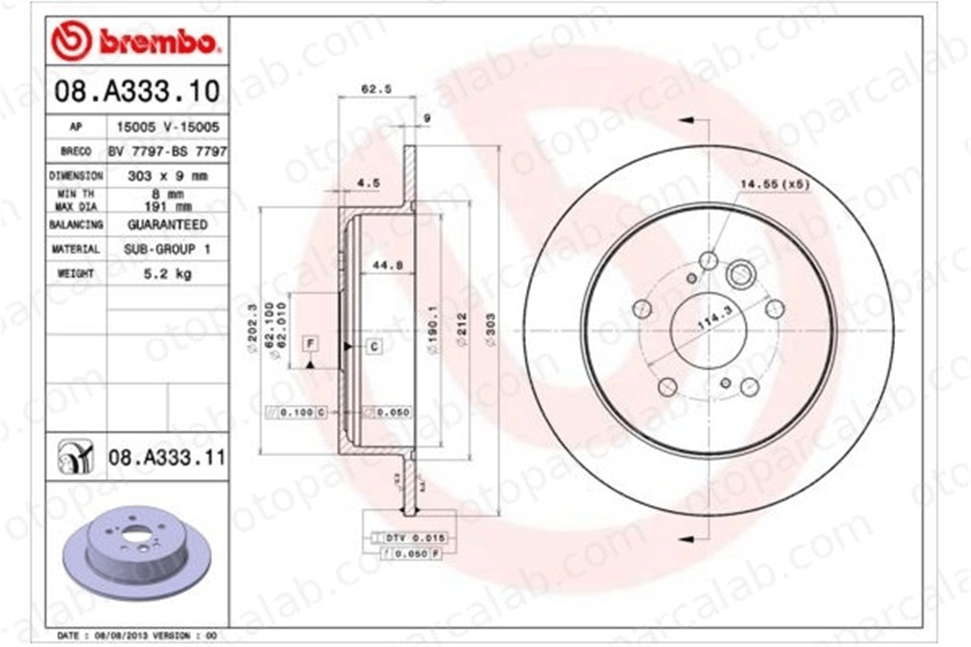 BREMBO 08.A333.11 Fren Disk Ayna Arka Sağ ve Sol CHERY TIGGO TOYOTA RAV 4 II 4243142041 T113502075