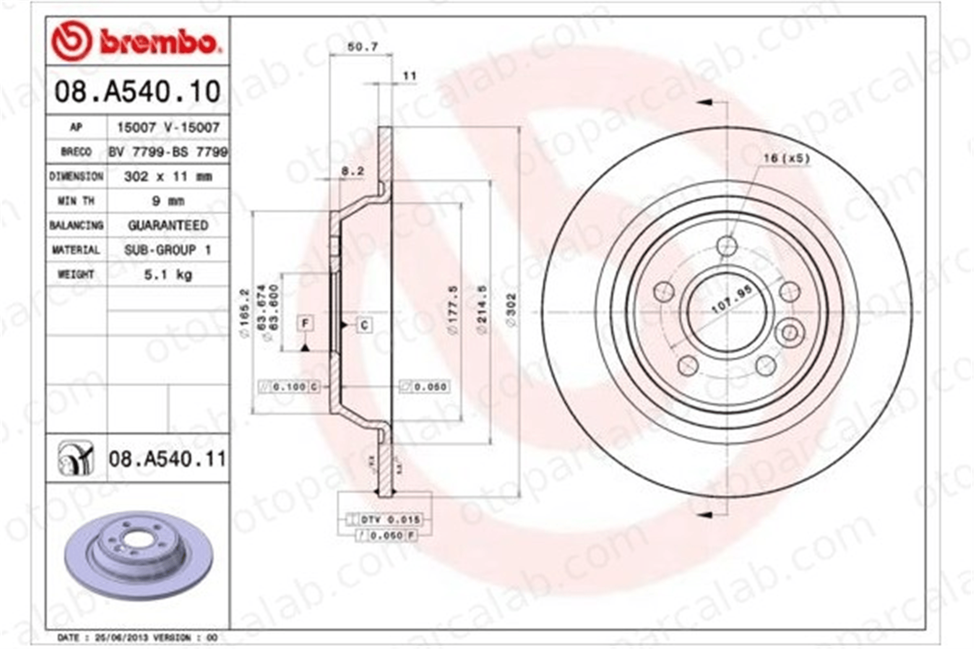 BREMBO 08.A540.11 Fren Disk Ayna Arka Sağ ve Sol FORD MONDEO IV MONDEO IV Turnier 6G912A315BA 1405500