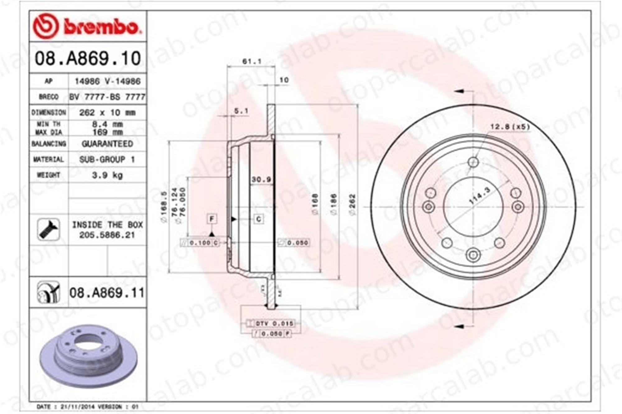 BREMBO 08.A869.11 Fren Disk Ayna Arka Sağ ve Sol KIA CEE'D SW PRO CEE'D 584111H100 584111H300