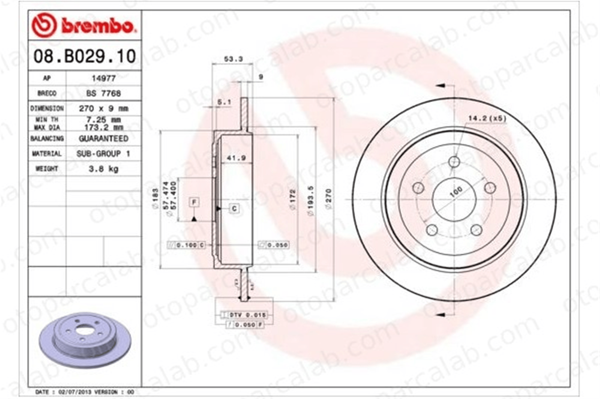 BREMBO 08.B029.10 Fren Disk Ayna Arka Sağ ve Sol CHRYSLER PT CRUISER NEON 4509553AB 4383551