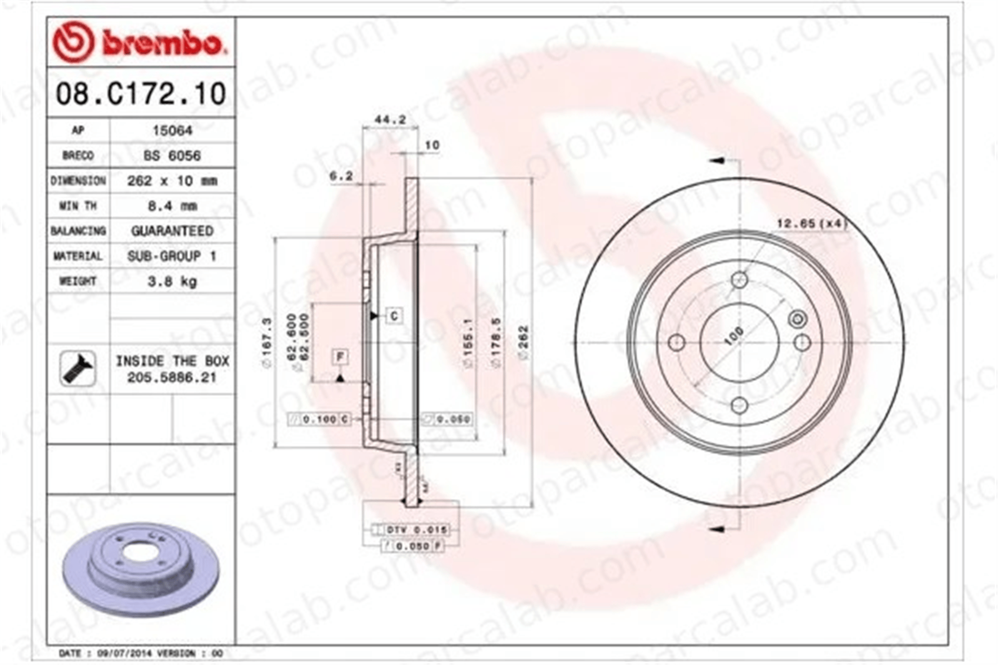 BREMBO 08.C172.10 Fren Disk Ayna Arka Sağ ve Sol HYUNDAI i20 II KIA RIO IV 584110U300 58411C8000