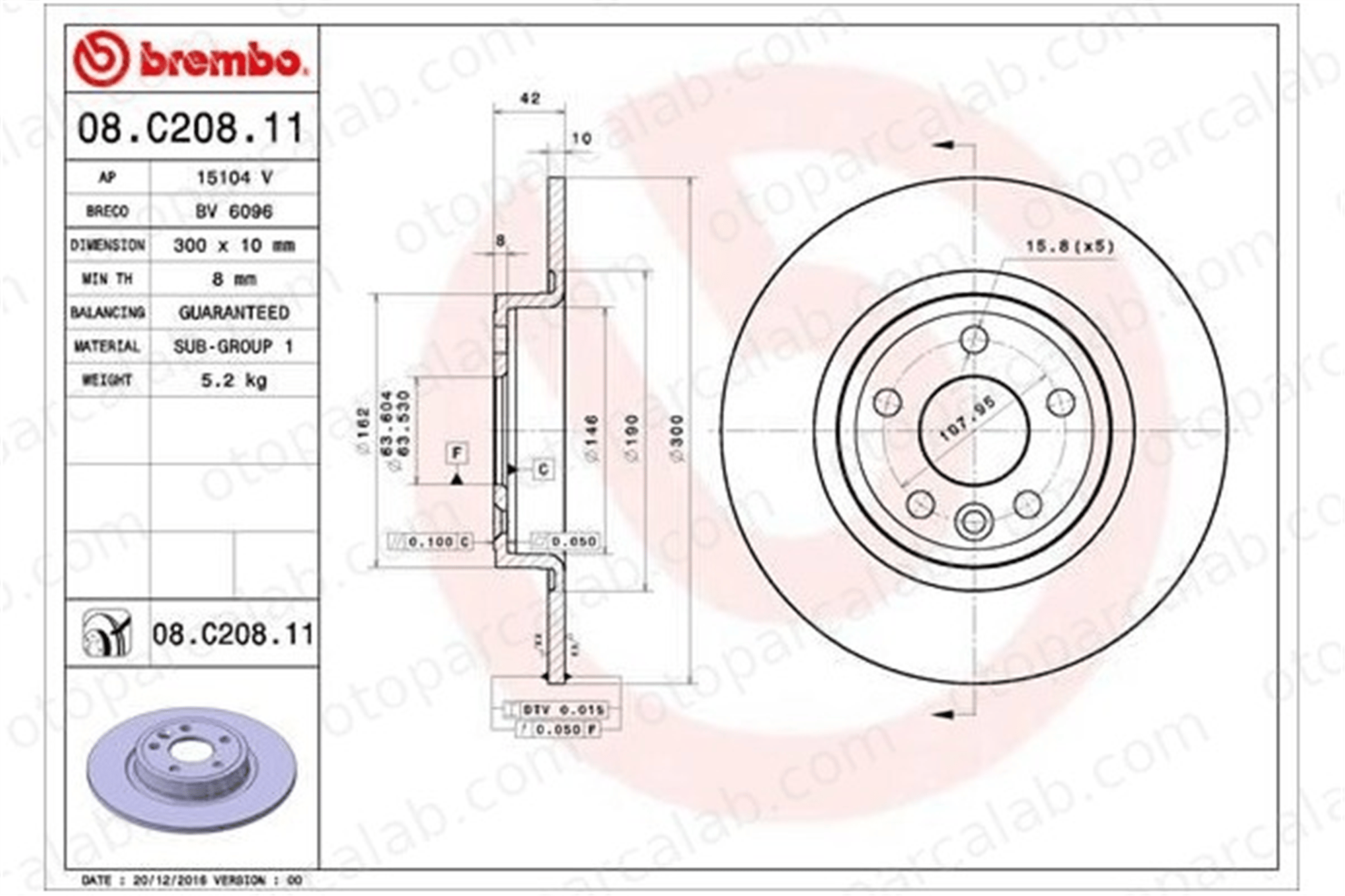 BREMBO 08.C208.11 Fren Disk Ayna Arka Sağ ve Sol LAND ROVER DISCOVERY SPORT JAGUAR E-PACE LR061388 J9C1168