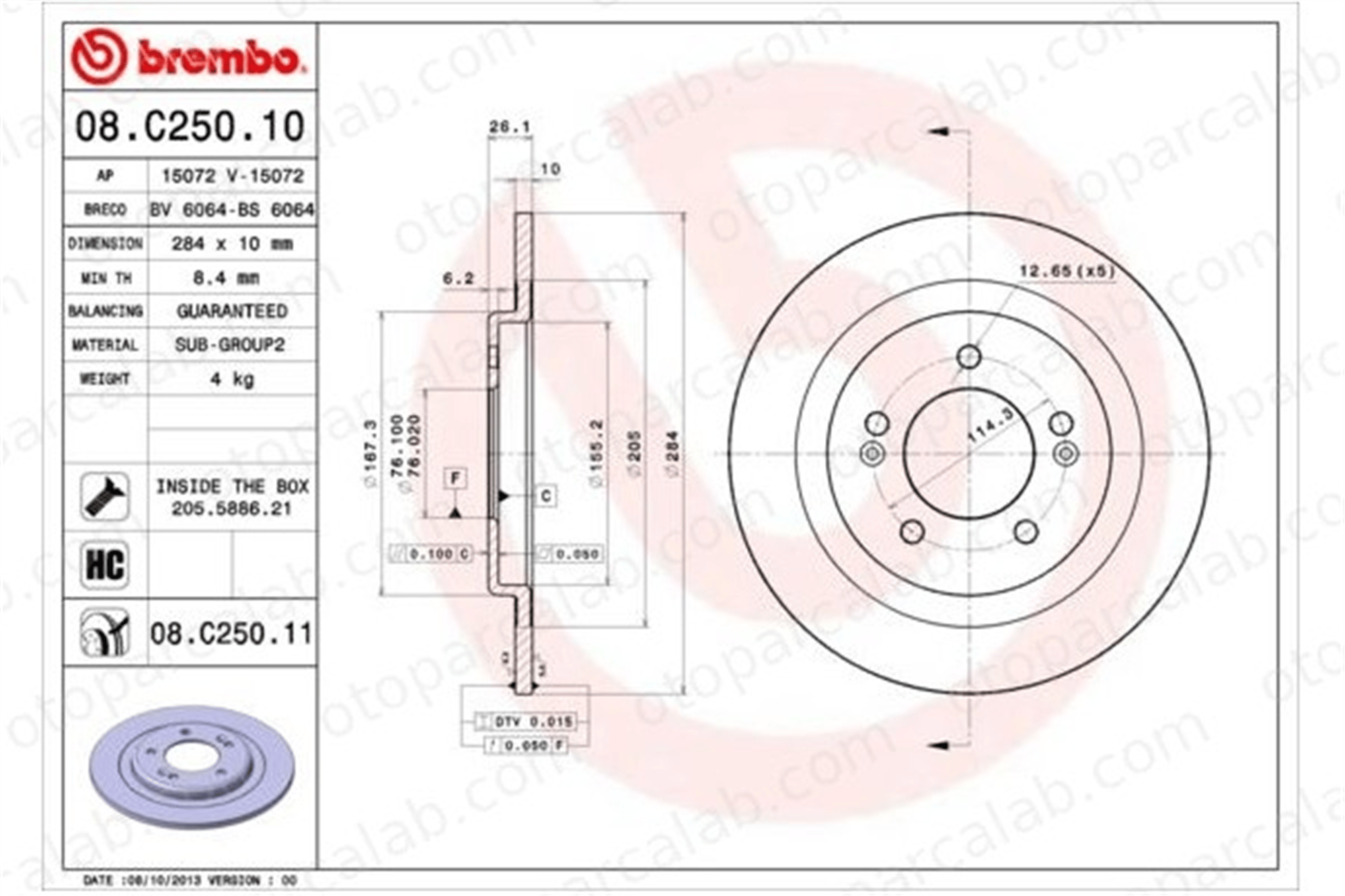 BREMBO 08.C250.11 Fren Disk Ayna Arka Sağ ve Sol KIA CEE'D HYUNDAI i30 58411A6200