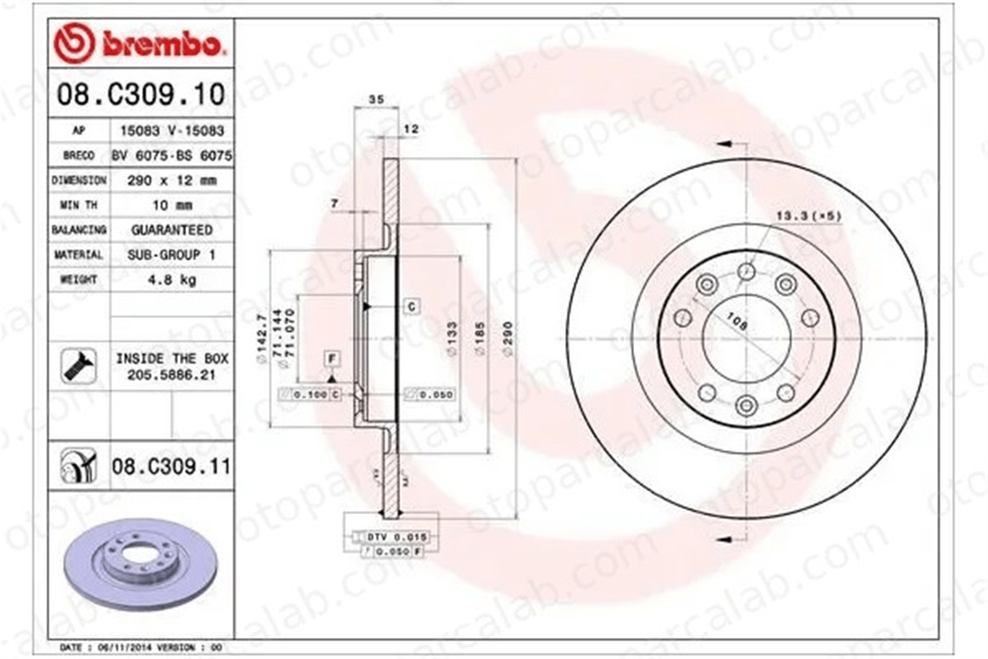 BREMBO 08.C309.11 Fren Disk Ayna Arka Sağ ve Sol PEUGEOT 5008 II CITROËN C4 PICASSO II 1609583080 1642776480