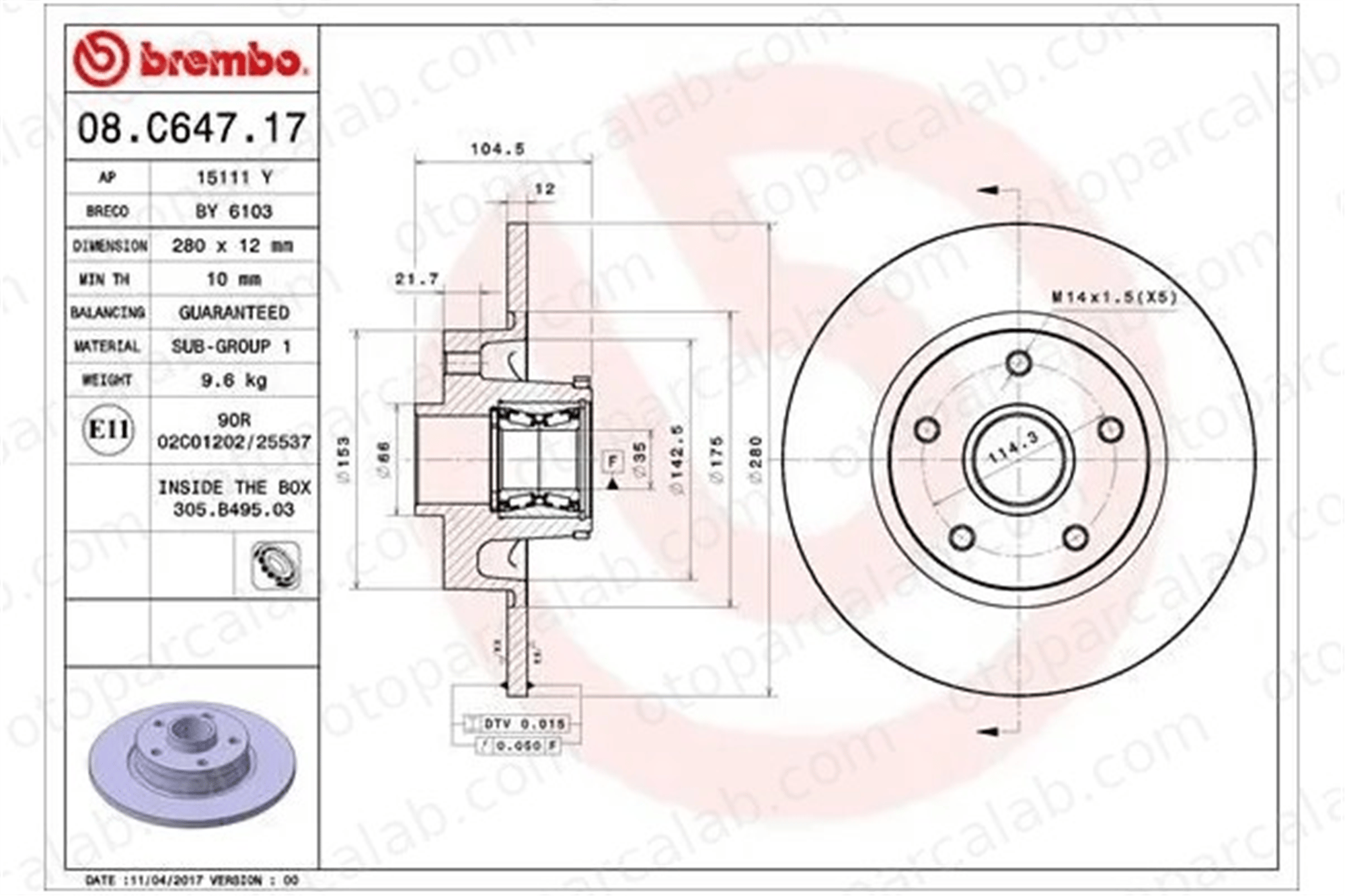 BREMBO 08.C647.17 Fren Disk Ayna Arka Sağ ve Sol RENAULT TRAFIC III Minibüs/Otobüs TRAFIC III Panelvan/Van 432007343R 432022742R