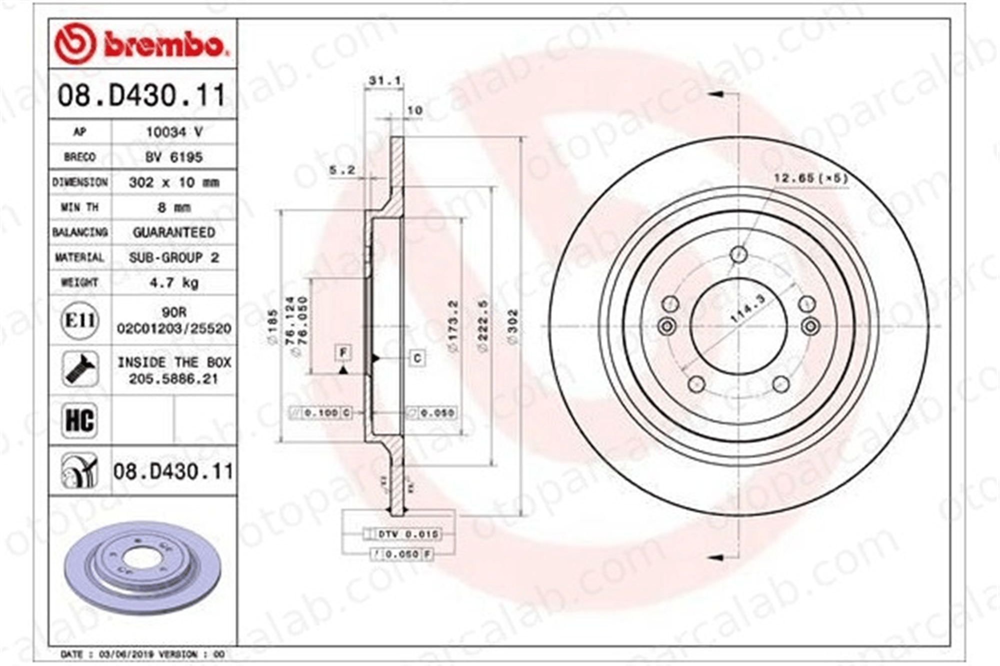BREMBO 08.D430.11 Fren Disk Ayna Arka Sağ ve Sol HYUNDAI TUCSON KIA SPORTAGE IV 58411D3700 58411D7700