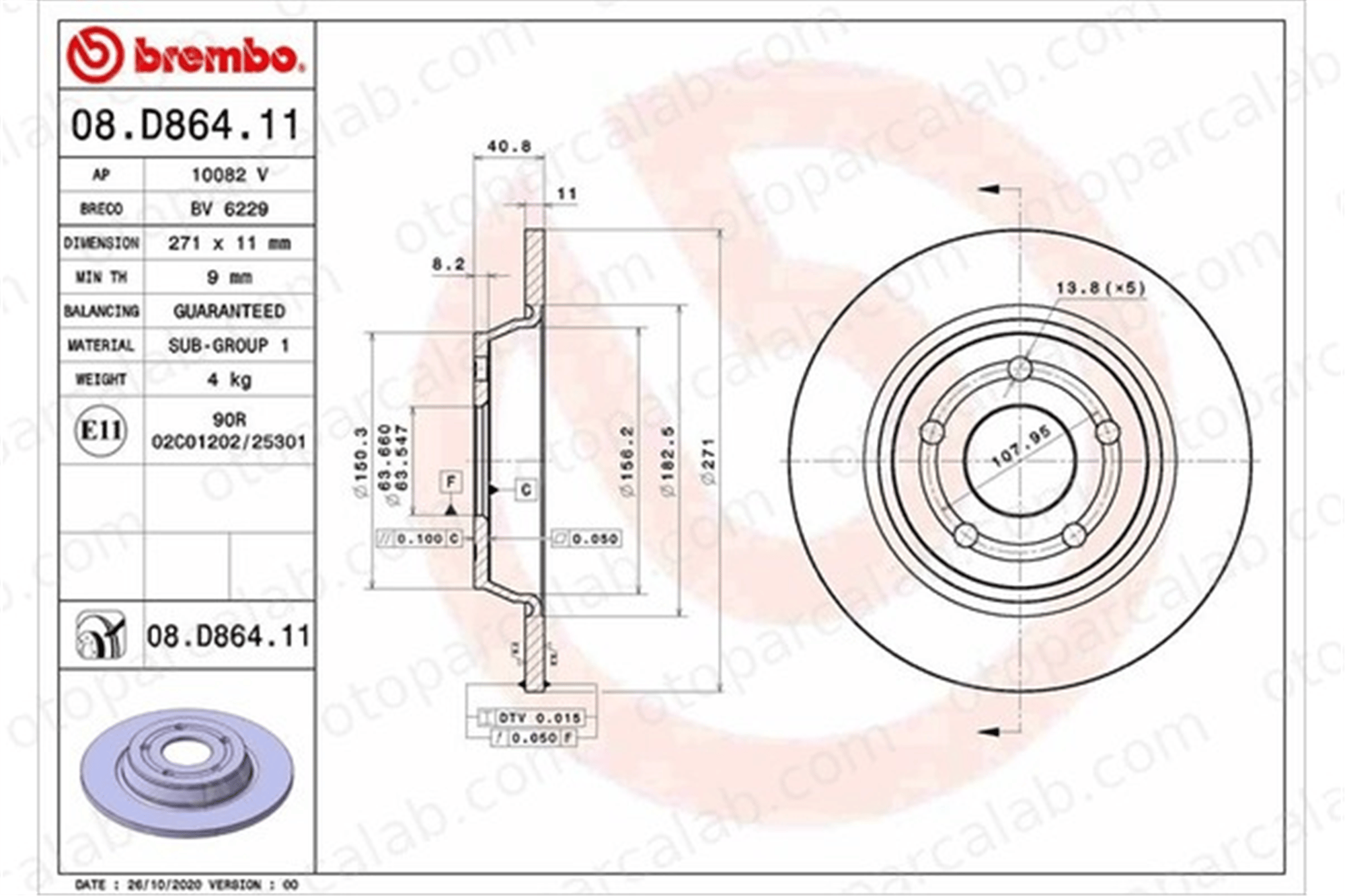 BREMBO 08.D864.11 Fren Disk Ayna Arka Sağ ve Sol FORD FOCUS IV FOCUS IV Turnier JX612A315AEA 2196429