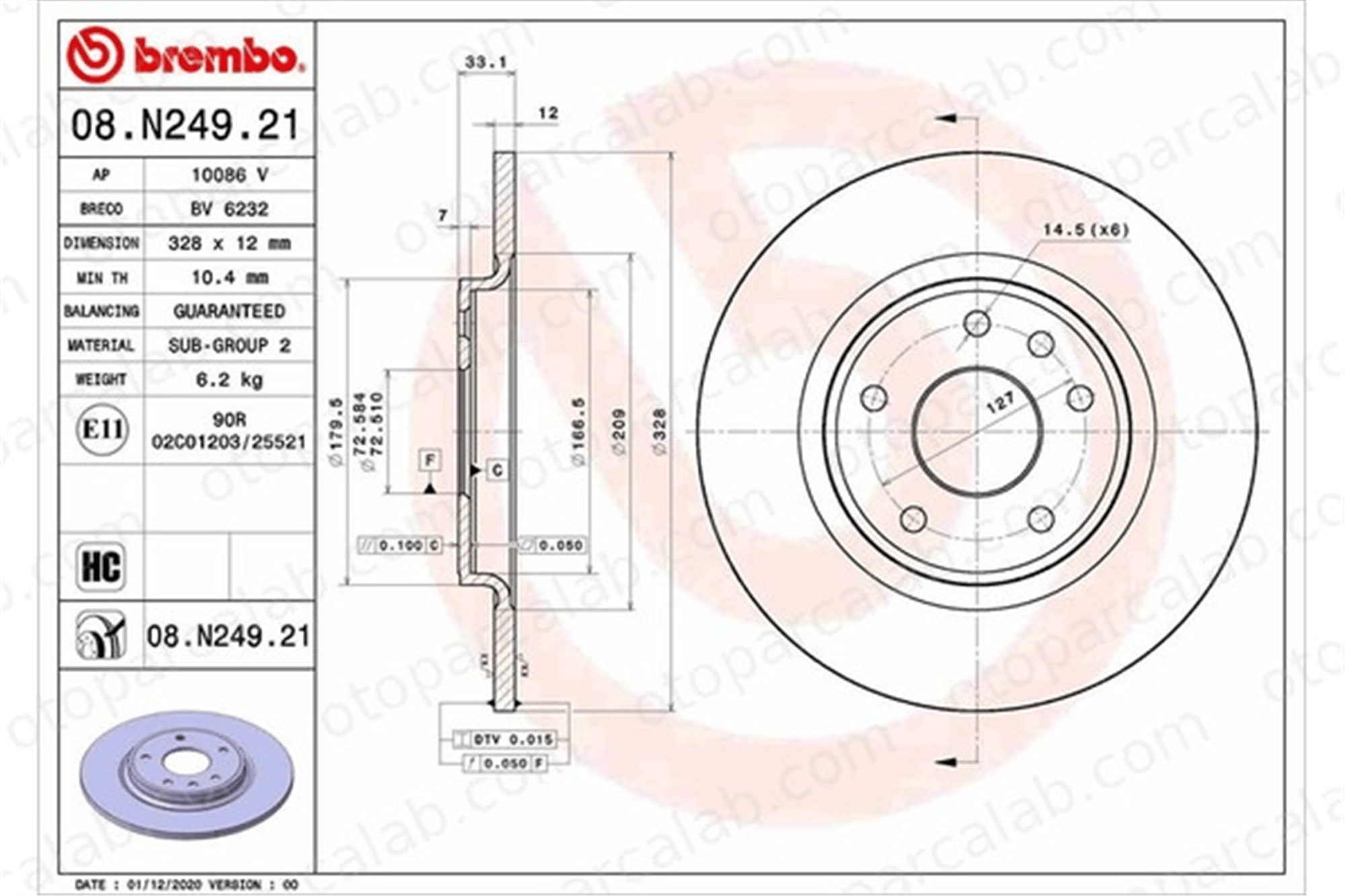 BREMBO 08.N249.21 Fren Disk Ayna Arka Sağ ve Sol FIAT FREEMONT CHRYSLER GRAND VOYAGER V K68227800AA 4779713AA