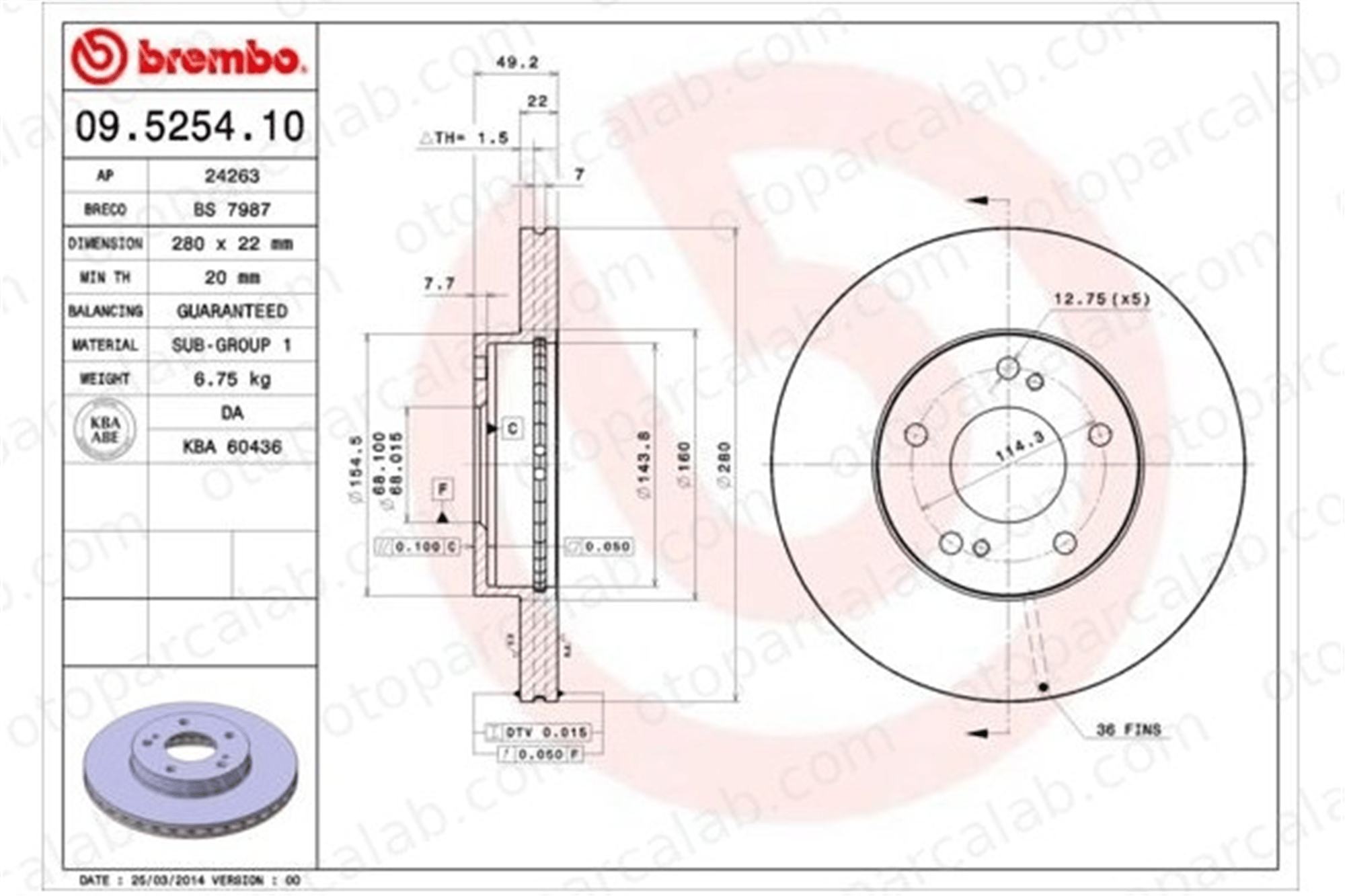 BREMBO 09.5254.10 Fren Disk Ayna Ön Sağ ve Sol INFINITI I30 402069E 402062L903