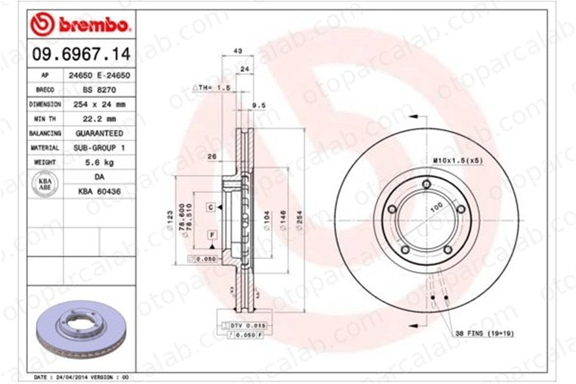 BREMBO 09.6967.14 Fren Disk Ayna Ön Sağ ve Sol FORD TRANSIT Minibüs/Otobüs TRANSIT Panelvan/Van 1514234 5025610