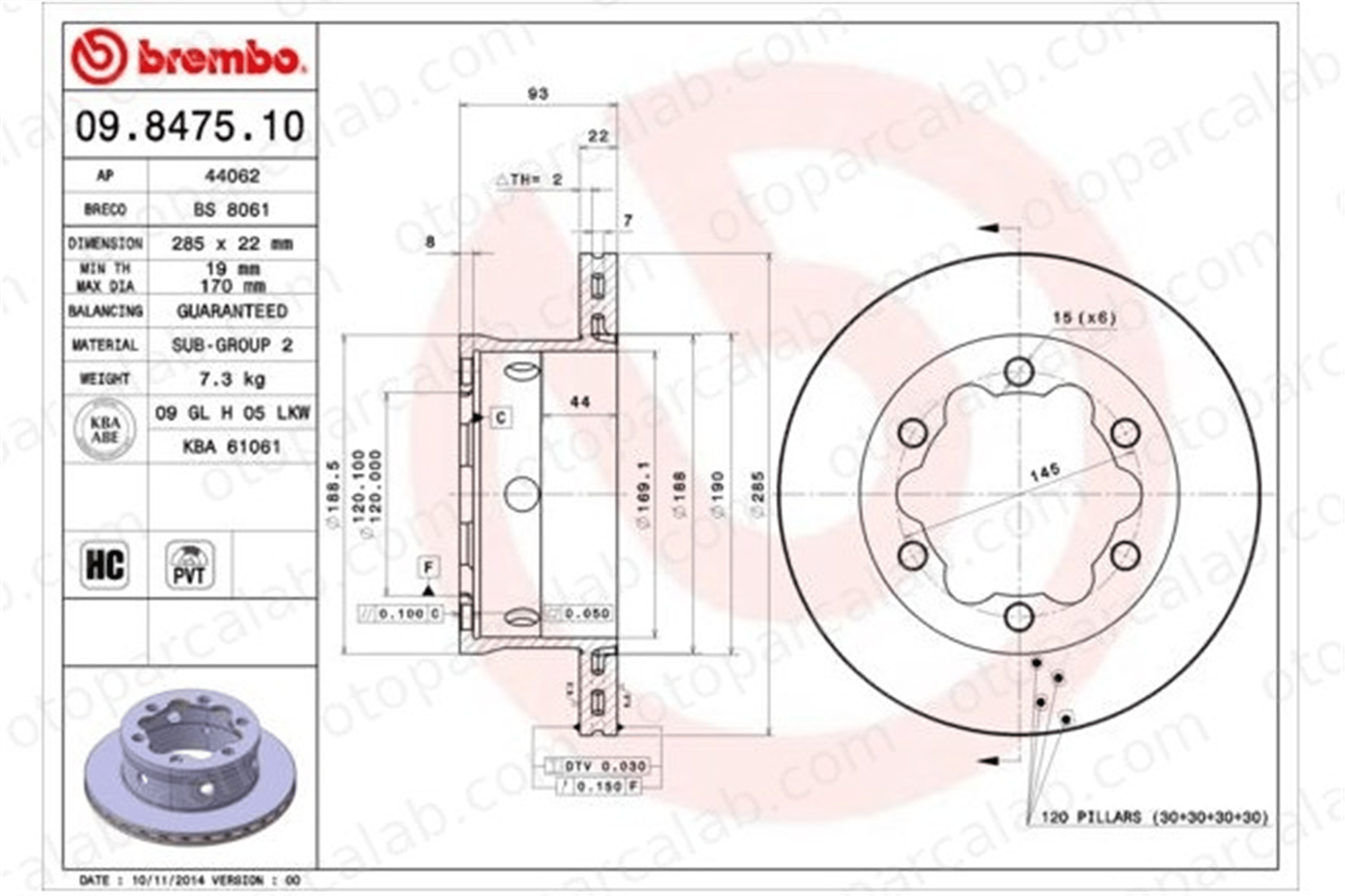 BREMBO 09.8475.10 Fren Disk Ayna Arka Sağ ve Sol MERCEDES-BENZ SPRINTER 4-t Panelvan/Van SPRINTER 4-t Platform şasi A9044230312 2D0615601B