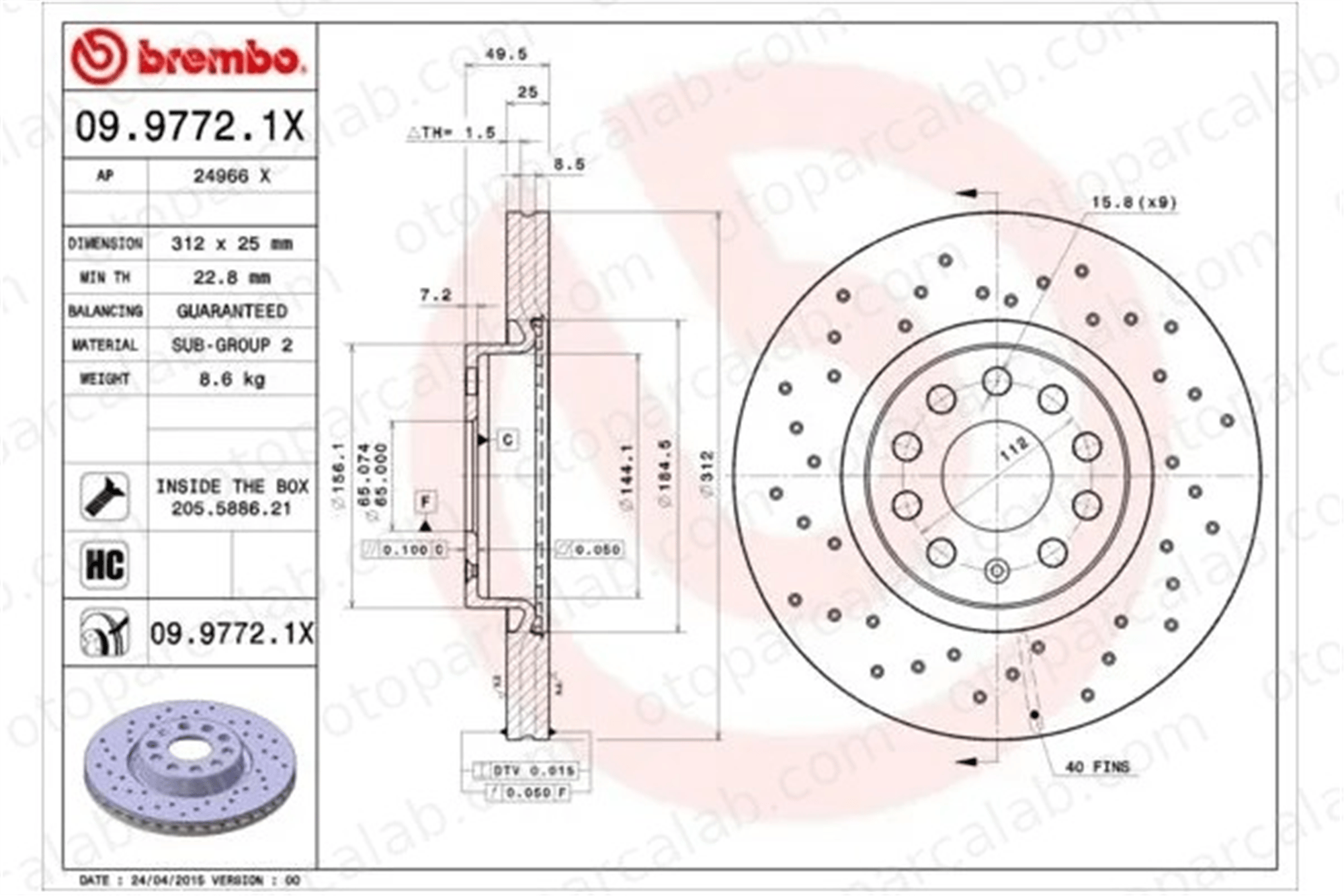 BREMBO 09.9772.1X Fren Disk Ayna Ön Sağ ve Sol AUDI A3 Sportback A3 1K0615301AA 5C0615301B