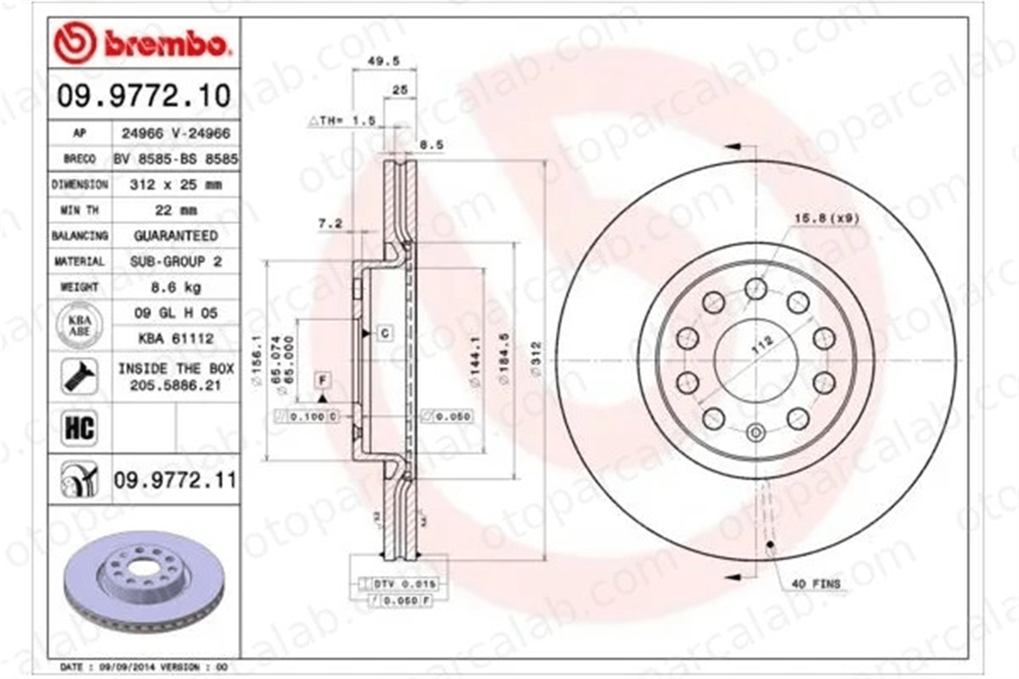 BREMBO 09.9772.11 Fren Disk Ayna Ön Sağ ve Sol AUDI A3 Sportback A3 1K0615301AA 5C0615301B