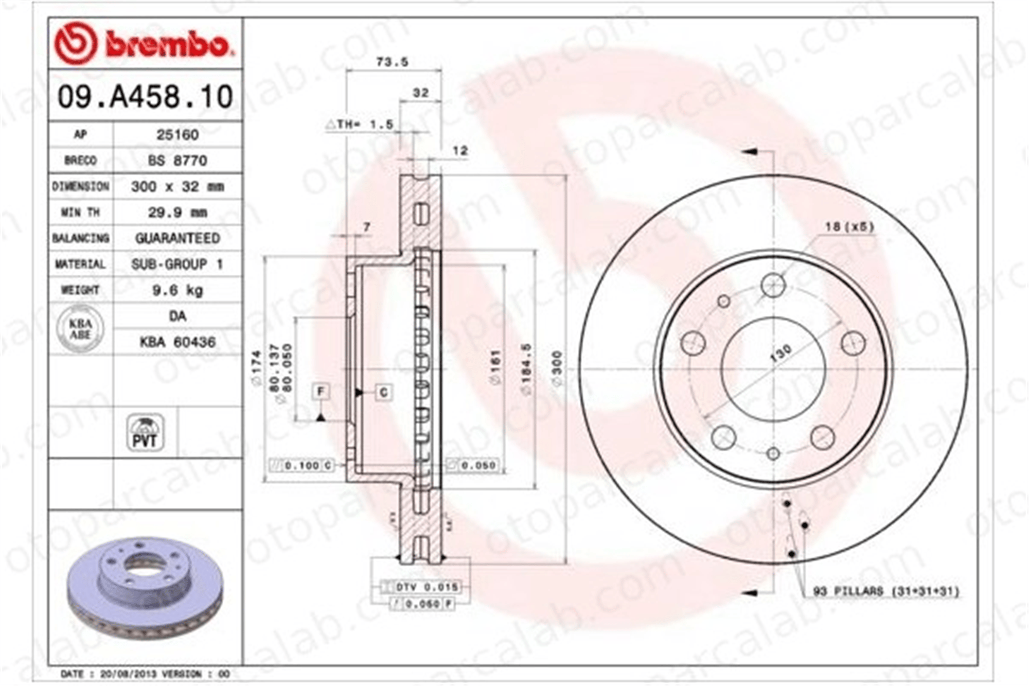 BREMBO 09.A458.10 Fren Disk Ayna Ön Sağ ve Sol CITROËN JUMPER Panelvan/Van JUMPER Platform şasi 1607872380 424937