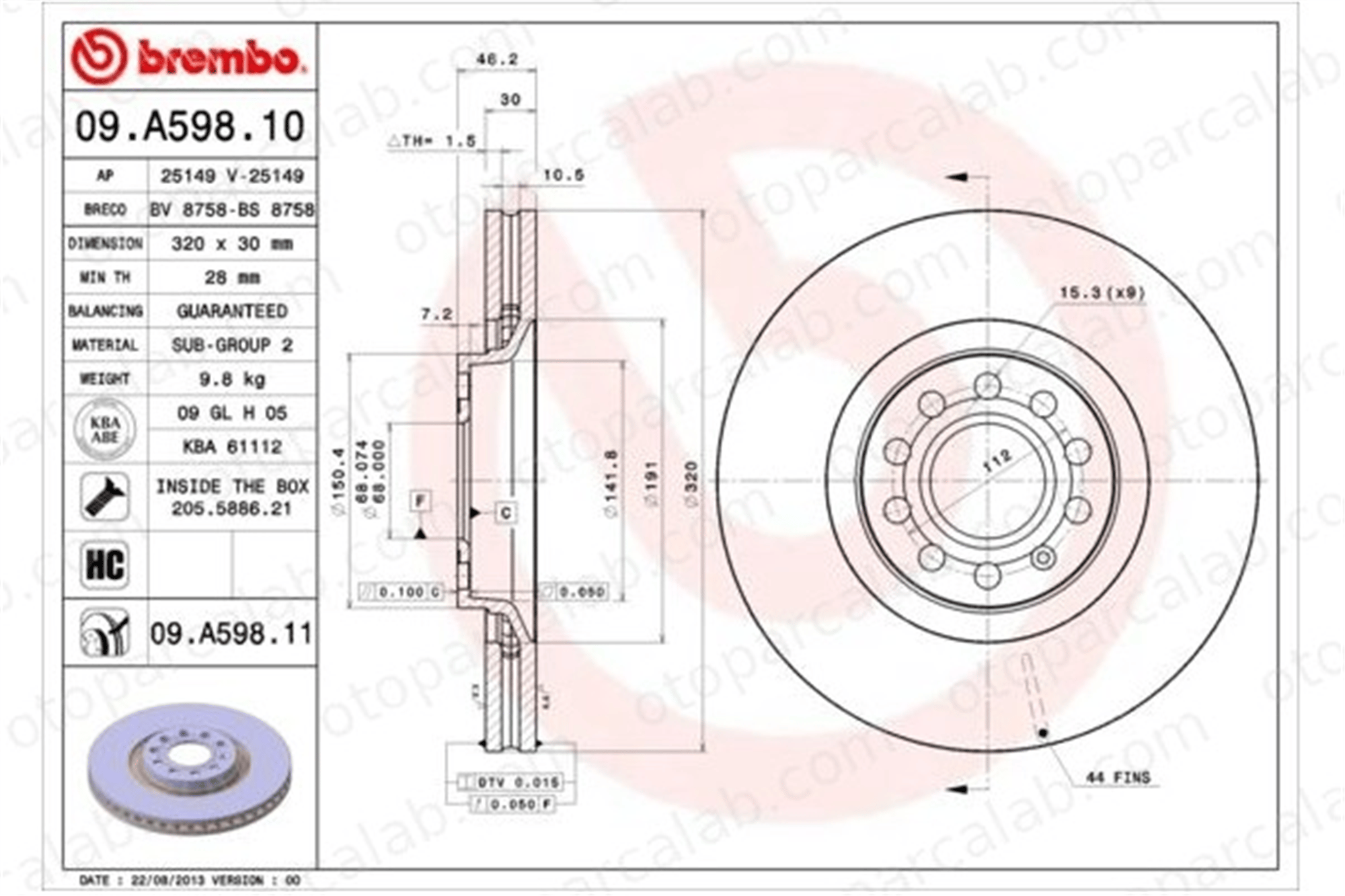 BREMBO 09.A598.11 Fren Disk Ayna Ön Sağ ve Sol AUDI A4 B7 A4 B7 Avant 8E0615301AD 8D0615301M