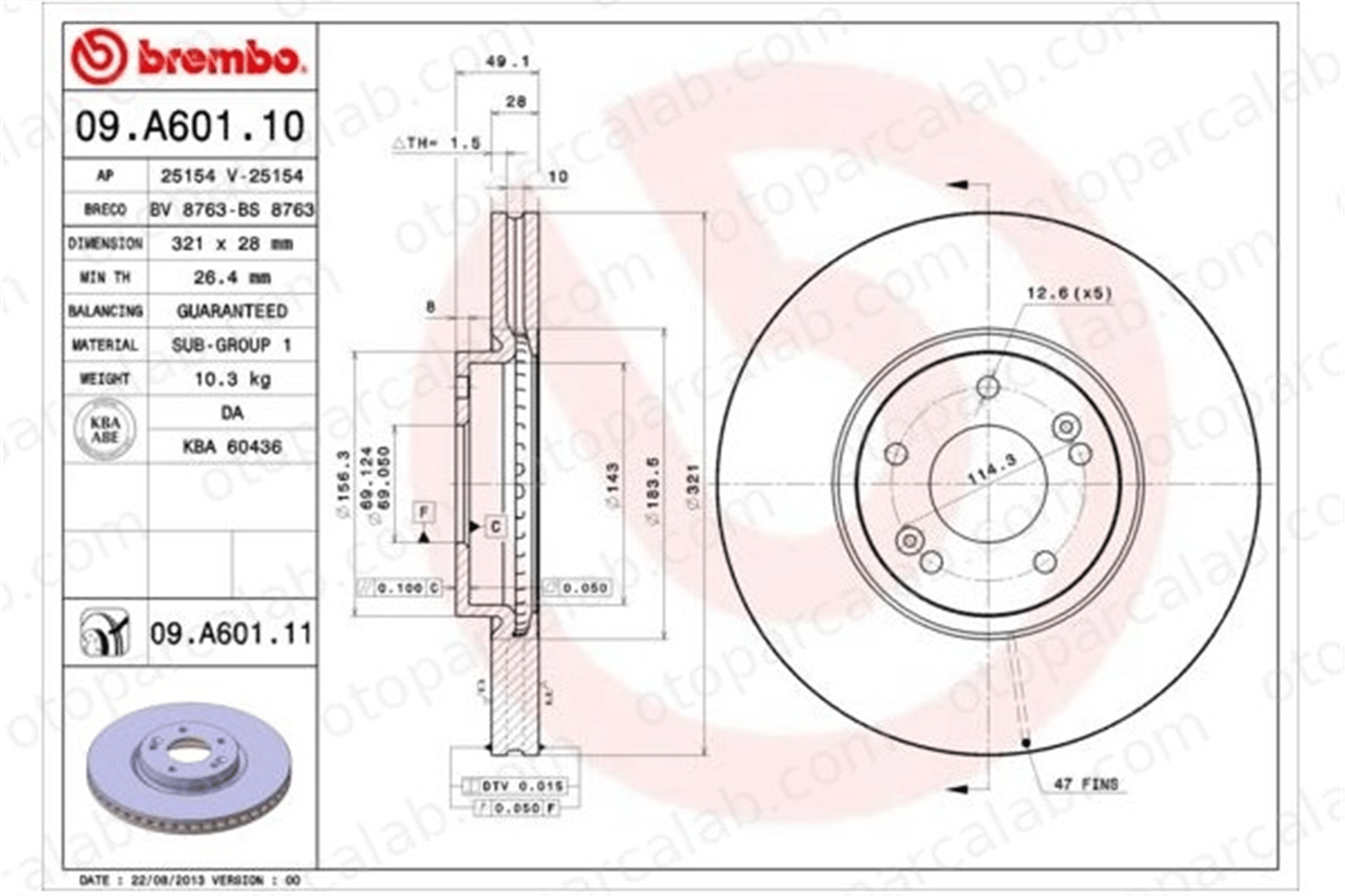 BREMBO 09.A601.10 Fren Disk Ayna Ön Sağ ve Sol HYUNDAI SANTA FÉ II ix55 517122P700 517122W700