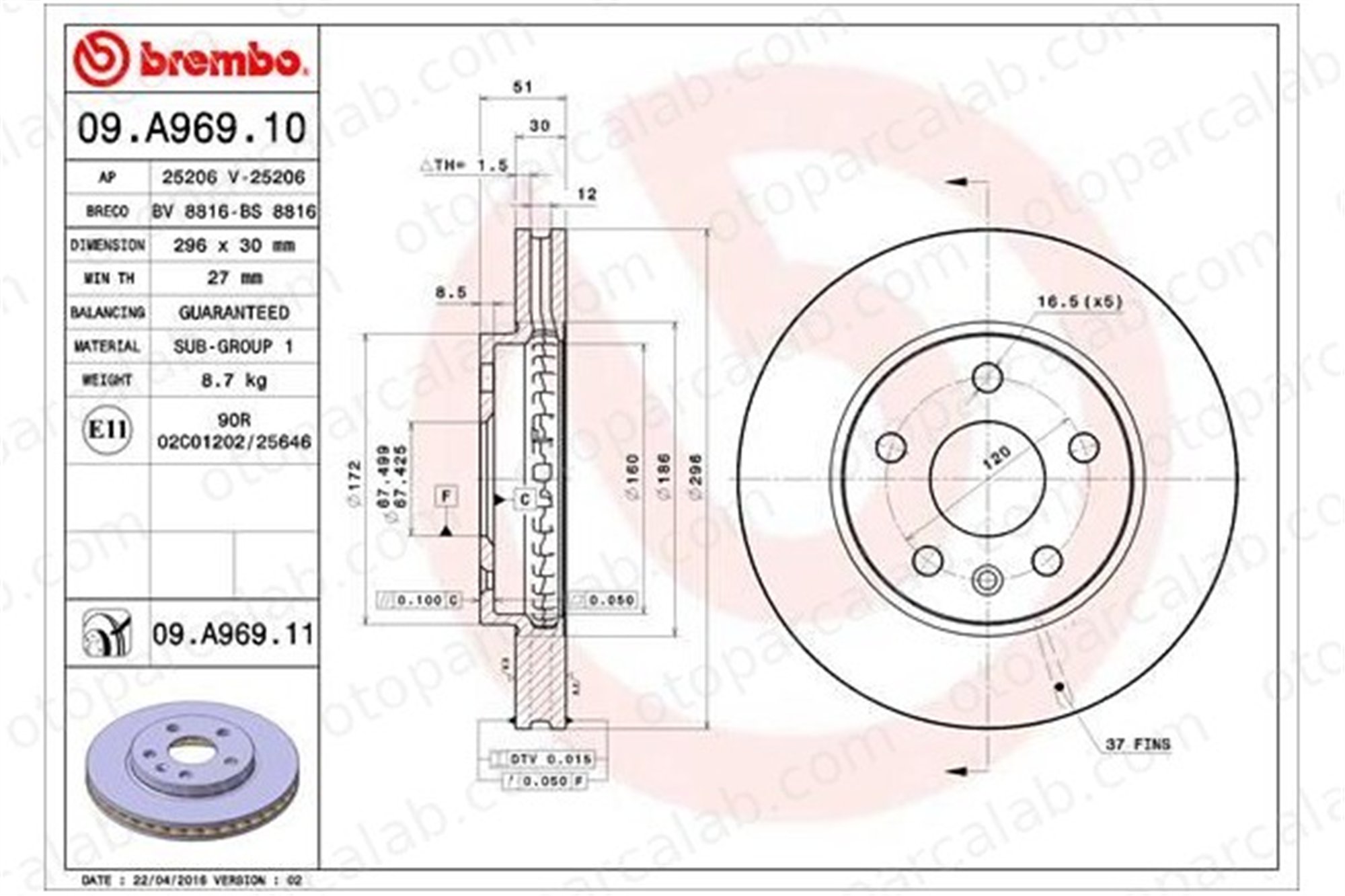 BREMBO 09.A969.10 Fren Disk Ayna Ön Sağ ve Sol OPEL INSIGNIA A Sports Tourer INSIGNIA A 23118529 13501307
