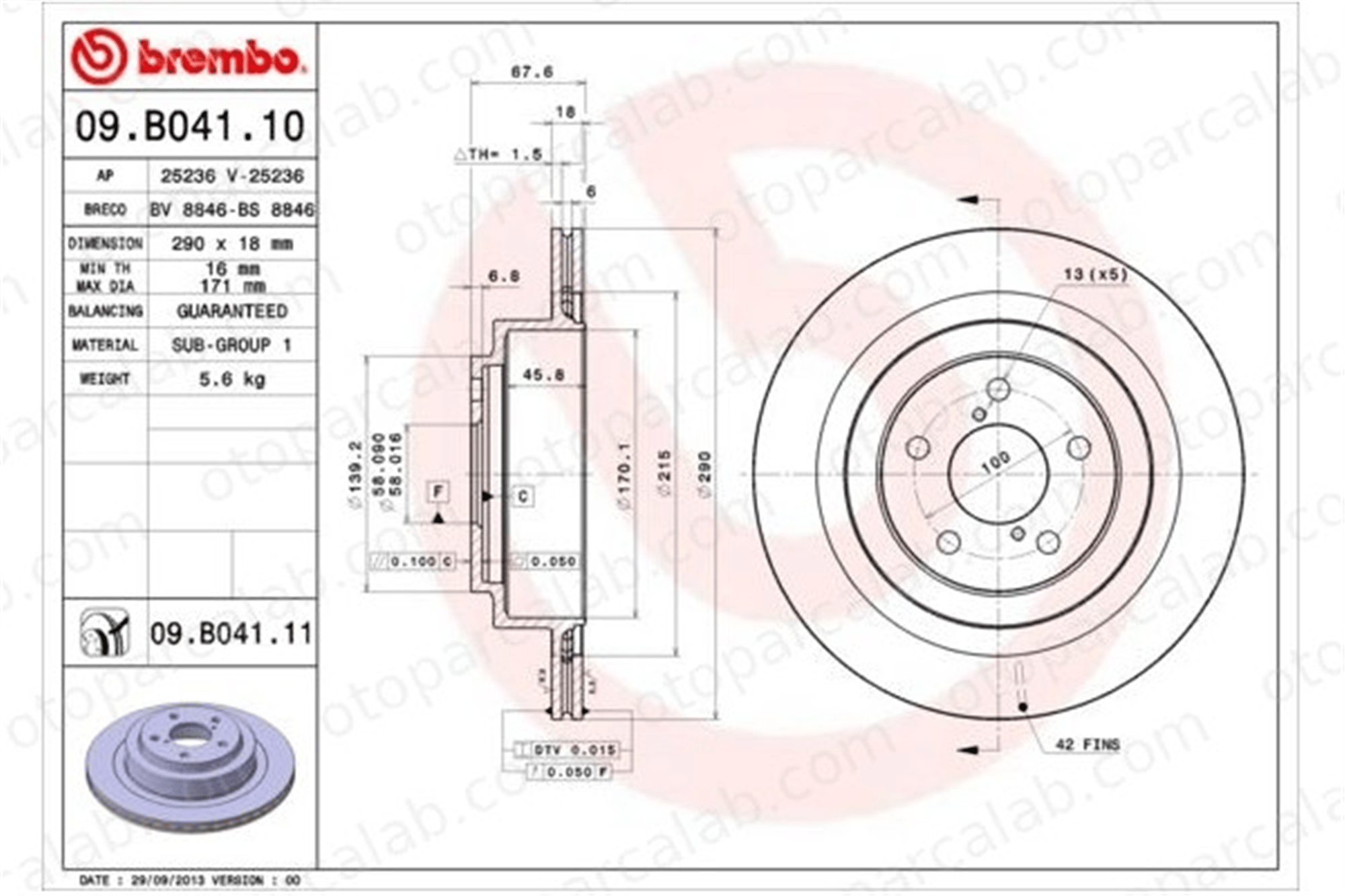 BREMBO 09.B041.11 Fren Disk Ayna Arka Sağ ve Sol SUBARU IMPREZA Sedan IMPREZA Station wagon 26700AE080 26700AE030