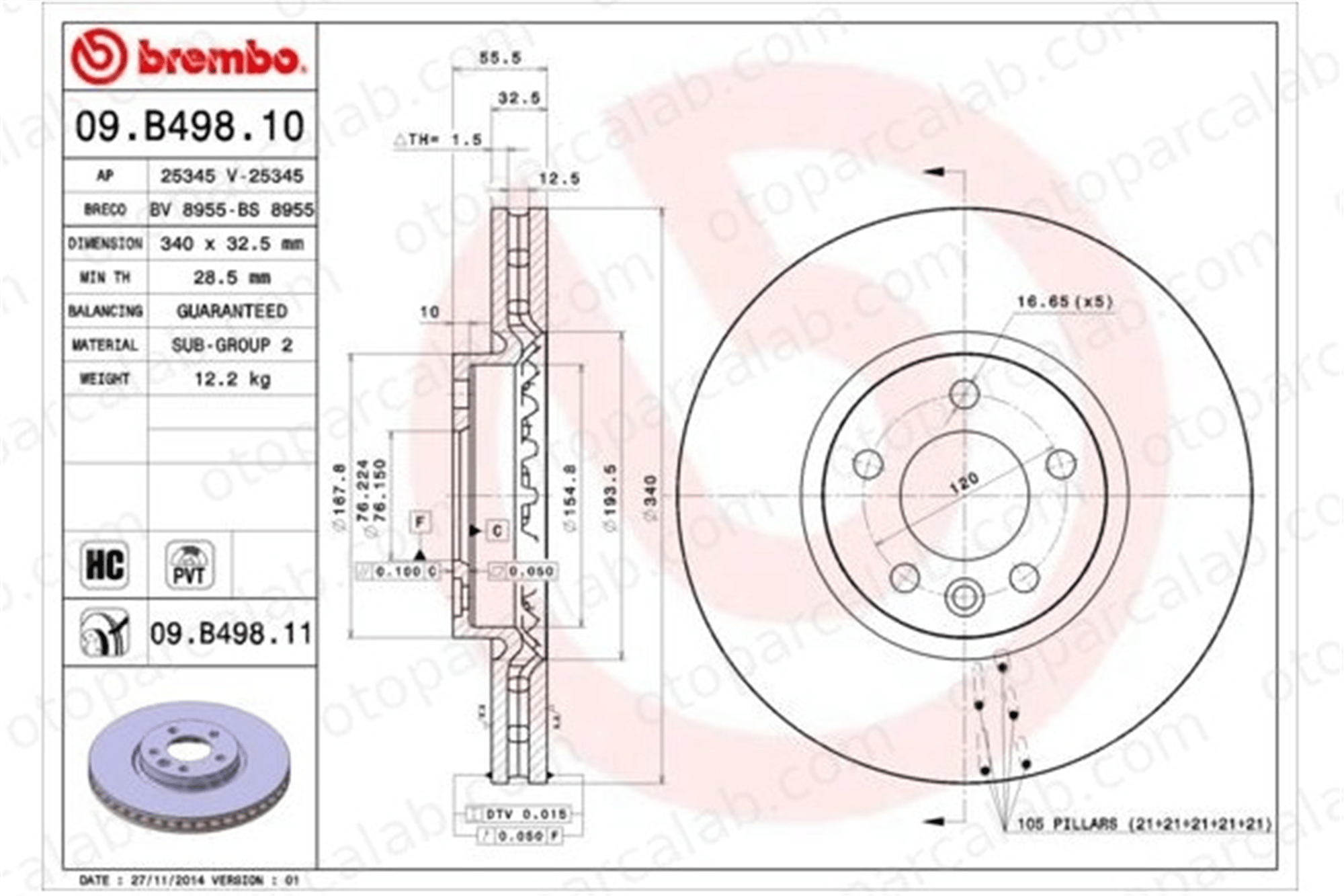 BREMBO 09.B498.11 Fren Disk Ayna Ön Sağ ve Sol VW TRANSPORTER T6 / CARAVELLE T6 Minibüs/Otobüs TRANSPORTER T6 Panelvan/Van 7E0615301C 7E0615301F
