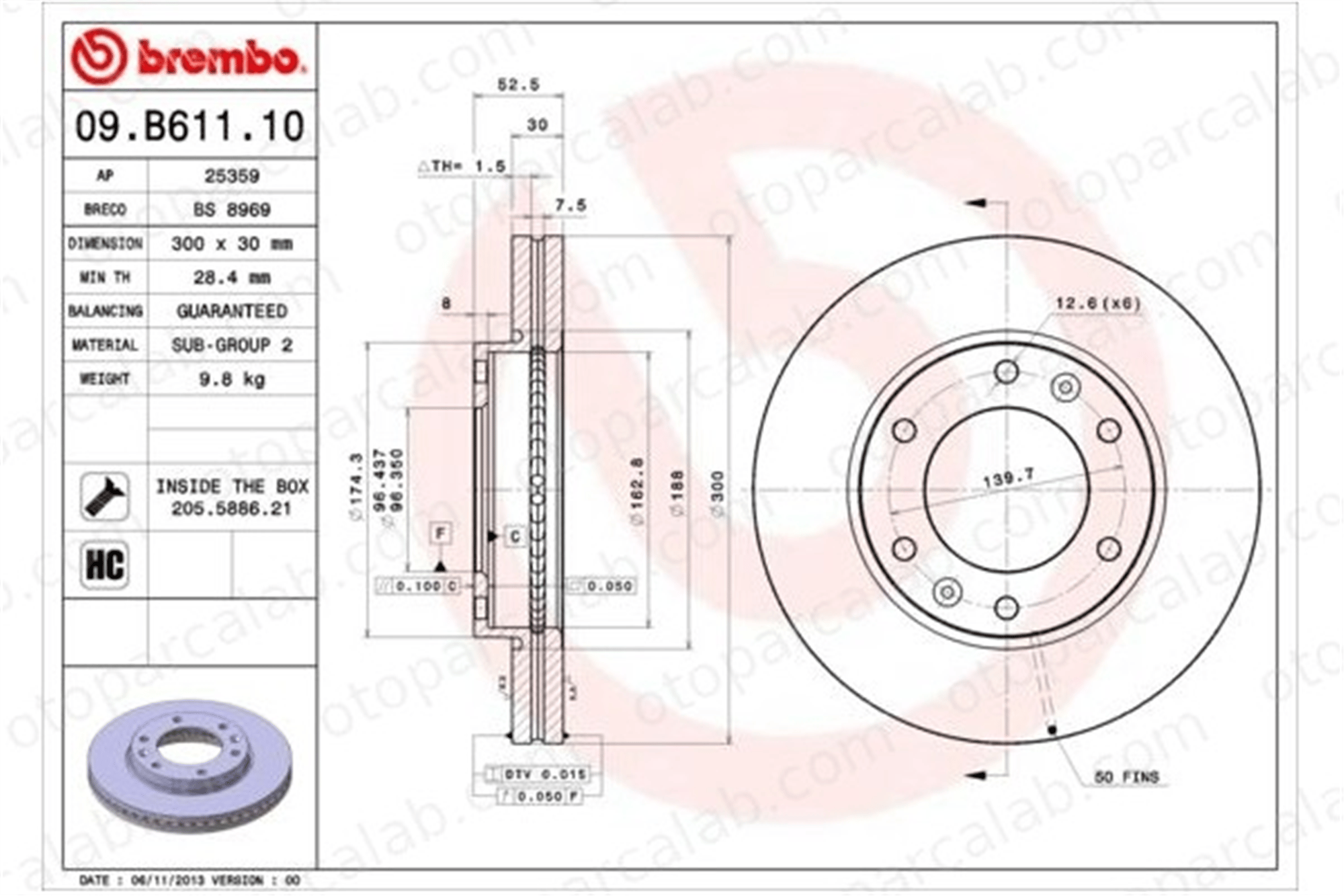 BREMBO 09.B611.10 Fren Disk Ayna Ön Sağ ve Sol HYUNDAI H-1 Cargo H-1 Travel 517124H500 517124H000