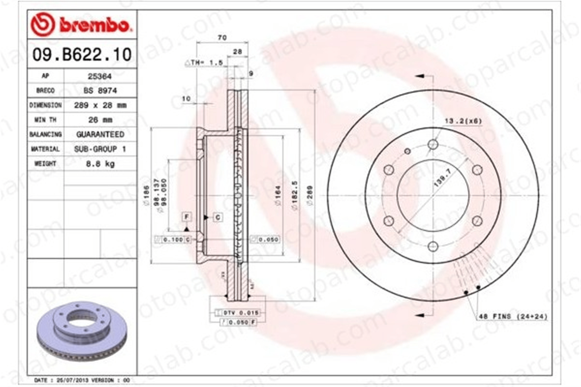 BREMBO 09.B622.10 Fren Disk Ayna Ön Sağ ve Sol FORD RANGER MAZDA B-SERIE 6M341027DA 4429562