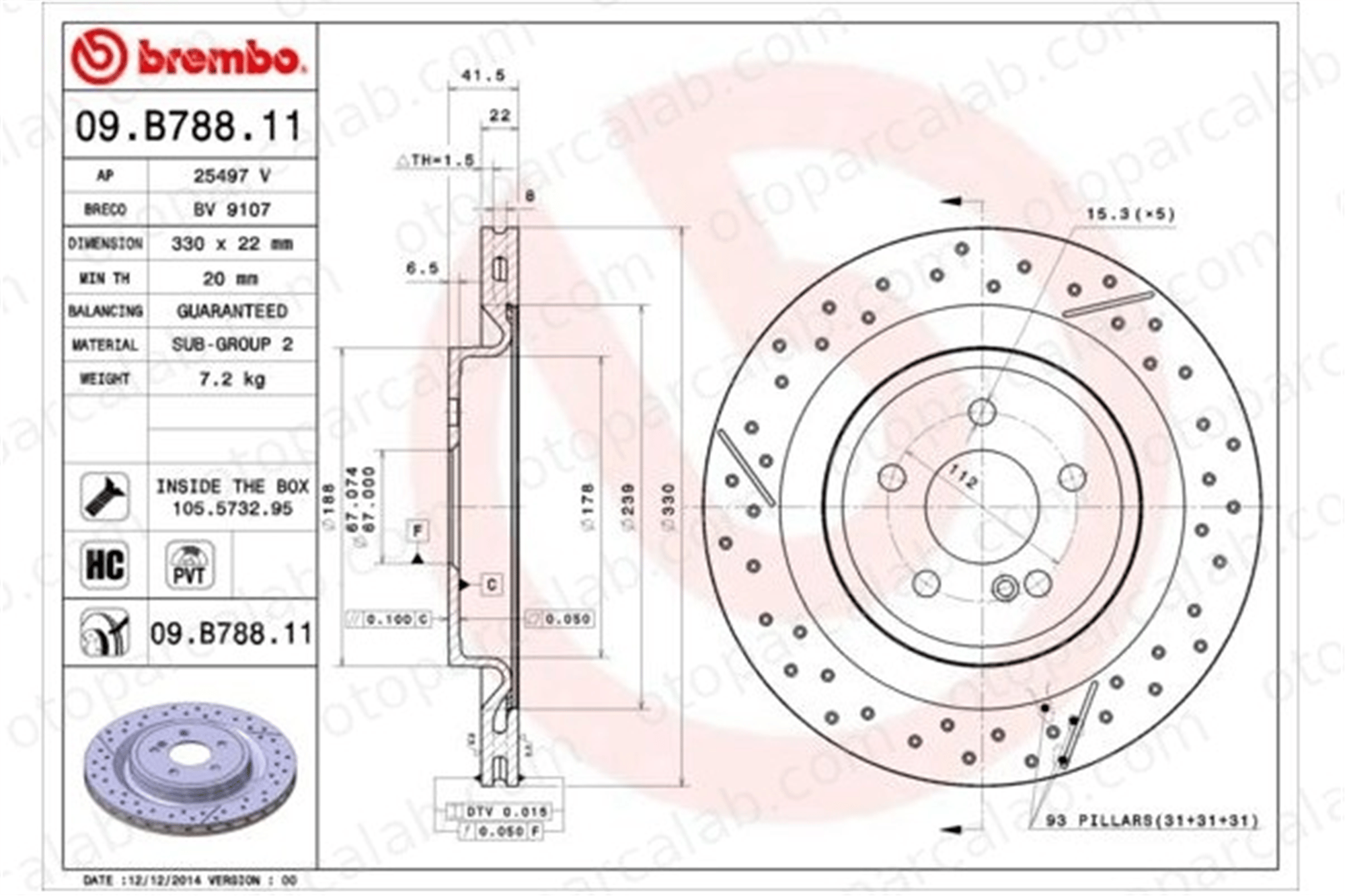 BREMBO 09.B788.11 Fren Disk Ayna Arka Sağ ve Sol MERCEDES-BENZ A-SERISI CLA Coupe A1724230112 1724230112