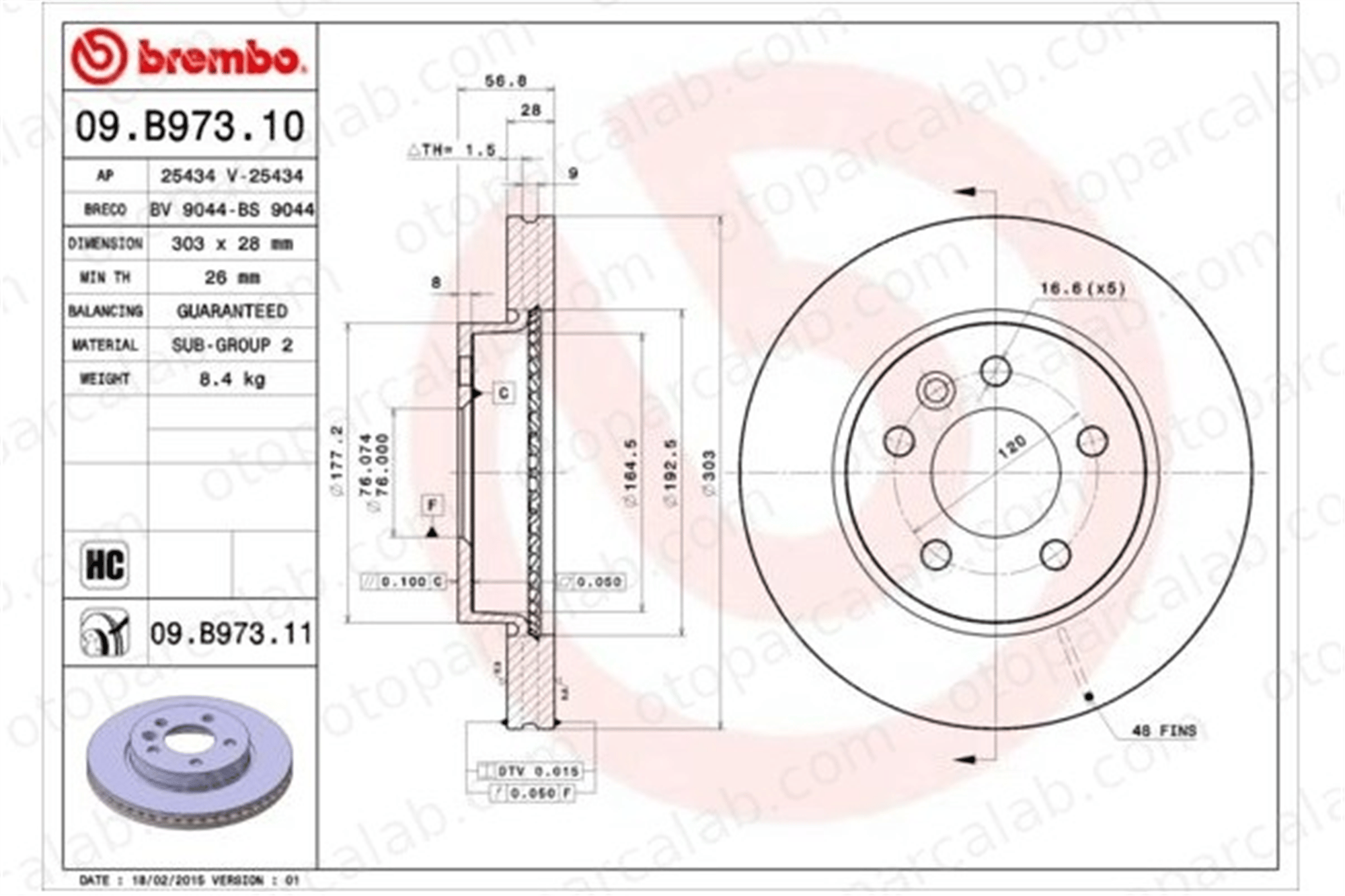 BREMBO 09.B973.11 Fren Disk Ayna Ön Sağ ve Sol VW AMAROK AMAROK Platform şasi 2H0615301A 2H0615301D