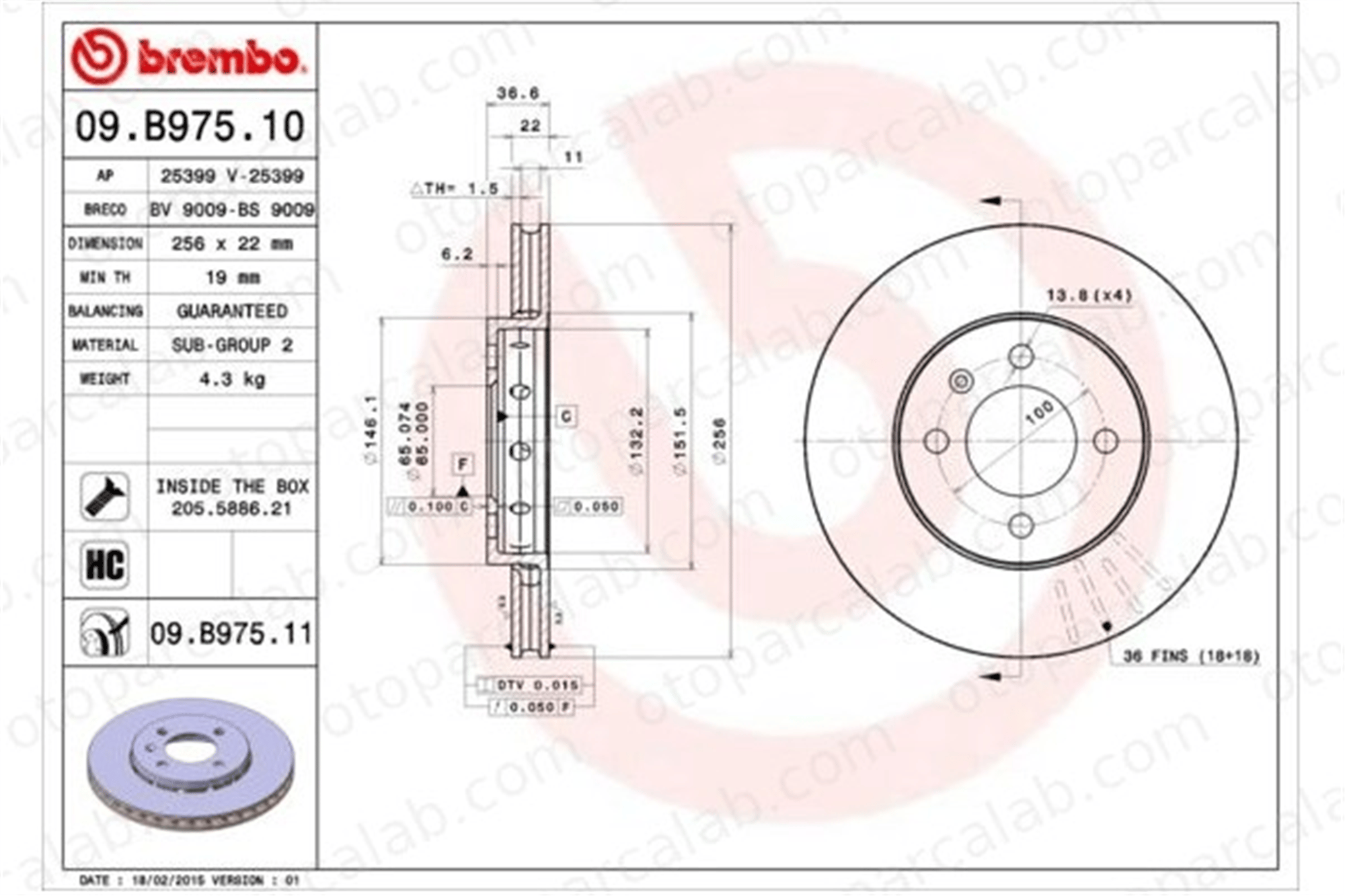 BREMBO 09.B975.11 Fren Disk Ayna Ön Sağ ve Sol VW UP! SEAT Mii 1S0615301H 1S0615301
