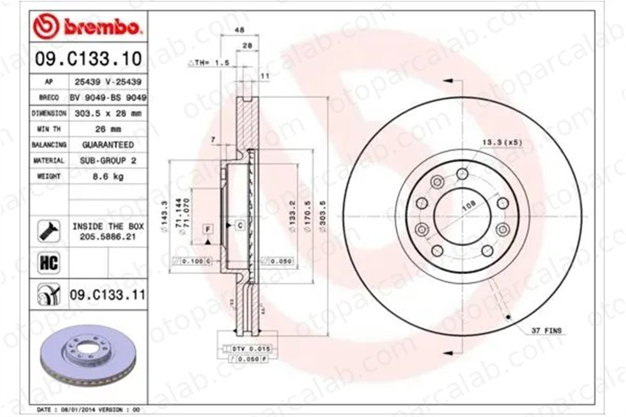 BREMBO 09.C133.11 Fren Disk Ayna Ön Sağ ve Sol PEUGEOT 308 II 508 I 4249K1 1642760480