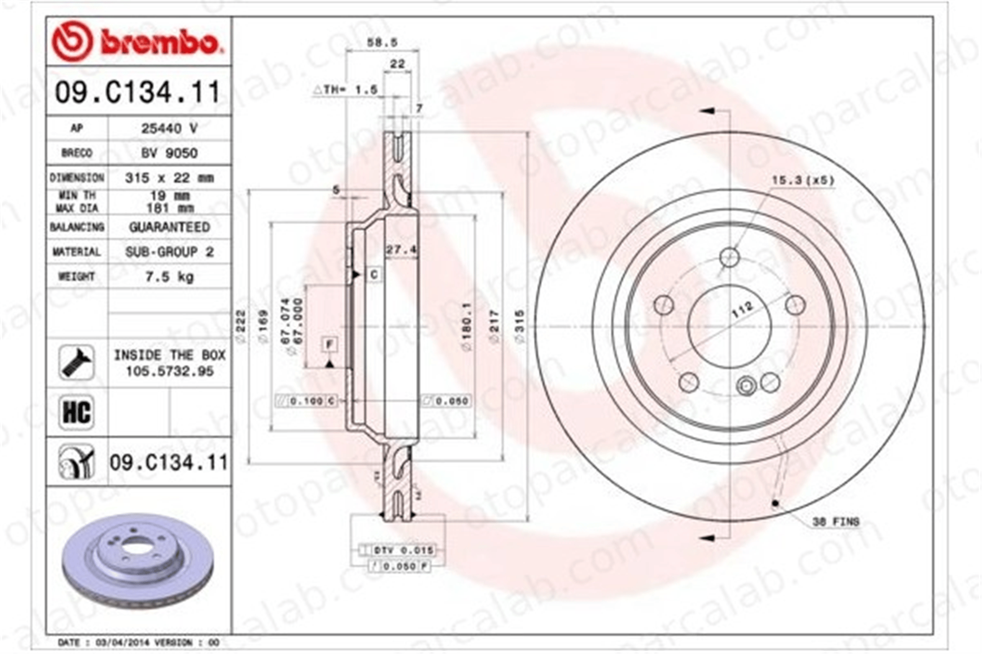 BREMBO 09.C134.11 Fren Disk Ayna Arka Sağ ve Sol MERCEDES-BENZ S-SERISI S-SERISI Coupe A2204230312 2204230312