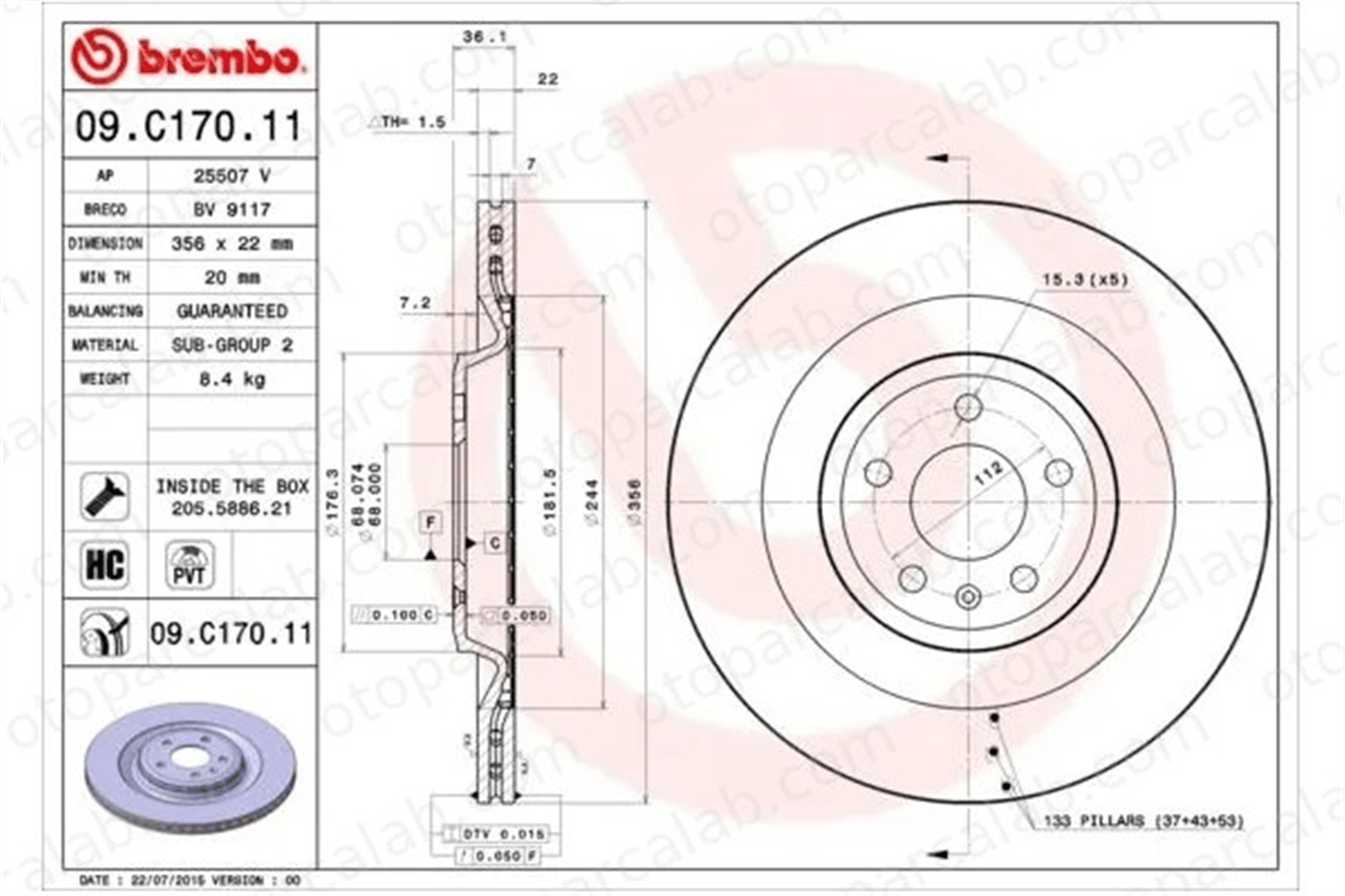 BREMBO 09.C170.11 Fren Disk Ayna Arka Sağ ve Sol AUDI A6 C7 A6 C7 Avant 4H0615601F 4H0615601L