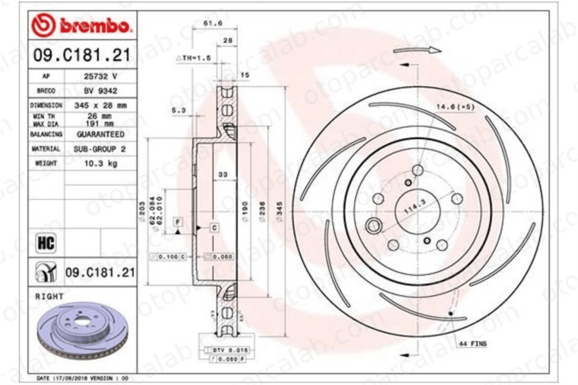 BREMBO 09.C181.21 Fren Disk Ayna Arka Sağ ve Sol LEXUS RC GS 424310W050