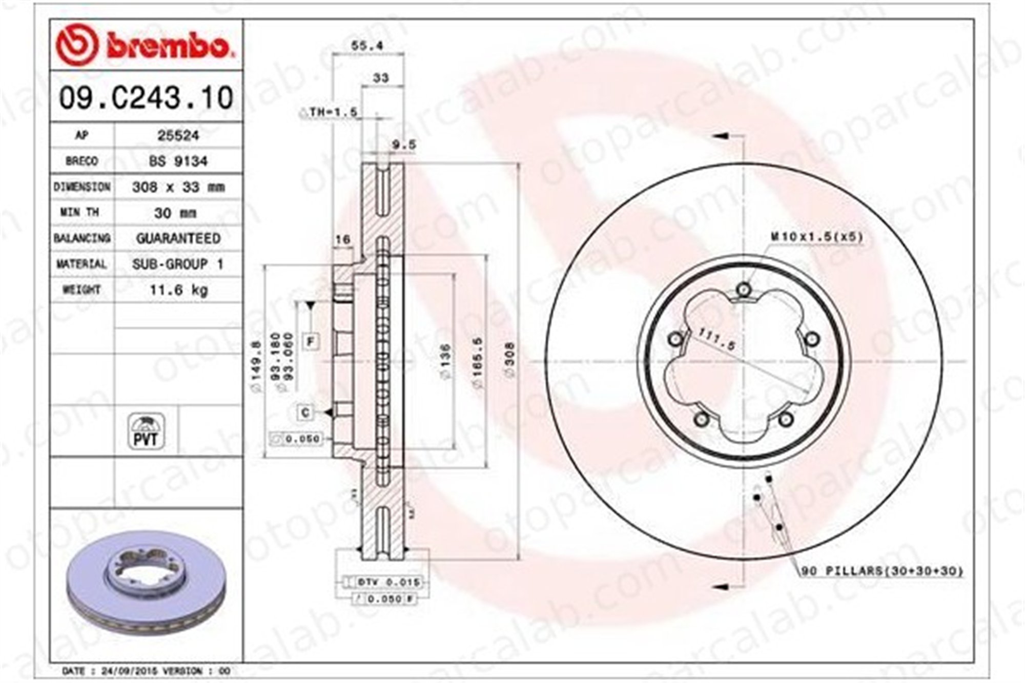 BREMBO 09.C243.10 Fren Disk Ayna Ön Sağ ve Sol FORD TRANSIT V363 Panelvan/Van TRANSIT V363 Platform şasi BK211125A1D 1763884