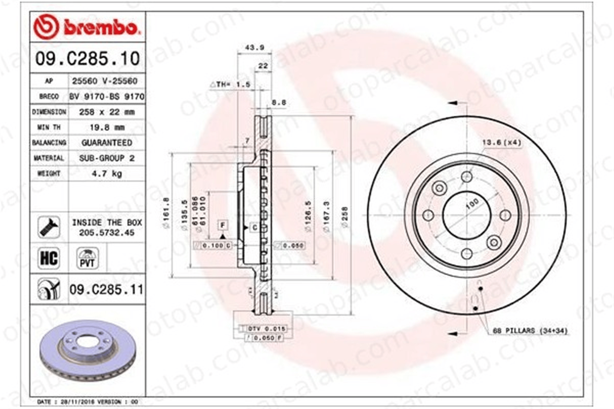 BREMBO 09.C285.11 Fren Disk Ayna Ön Sağ ve Sol DACIA LOGAN II RENAULT CLIO IV 402062212R 402062650R