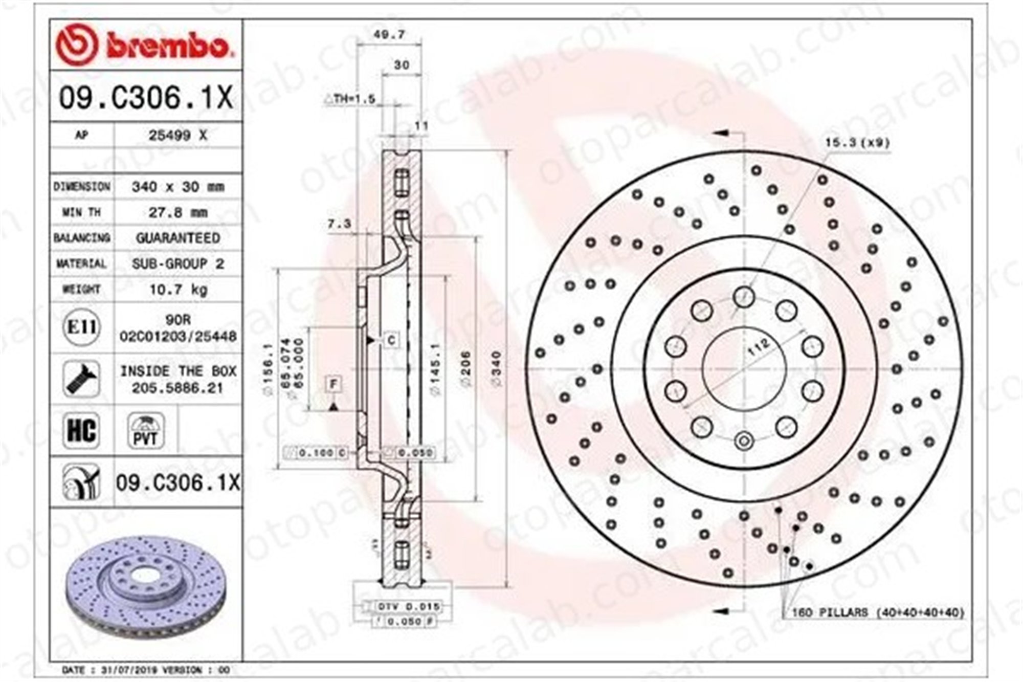 BREMBO 09.C306.1X Fren Disk Ayna Ön Sağ ve Sol VW GOLF VII SKODA OCTAVIA III 1K0615301AD 5Q0615301G