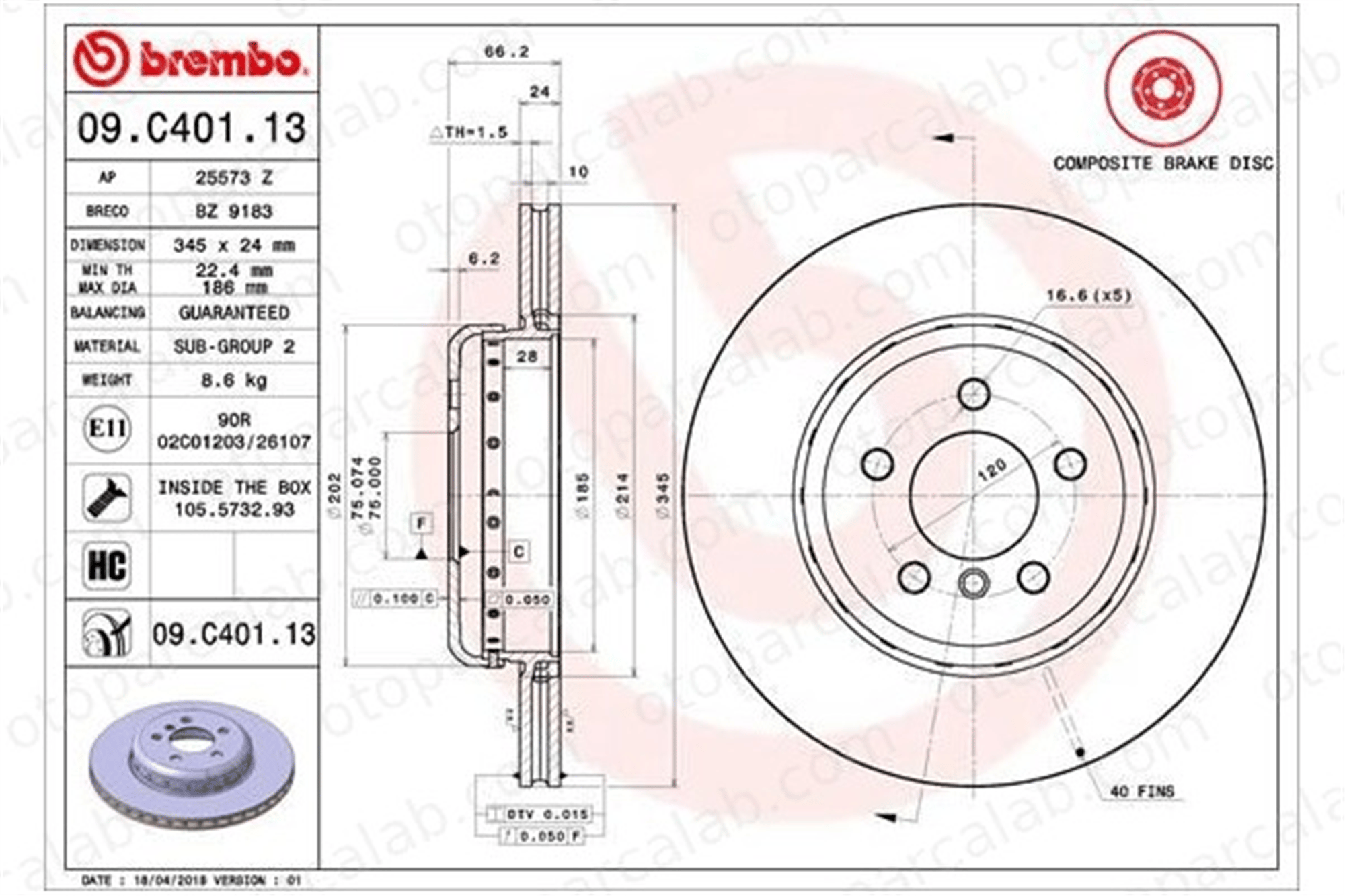 BREMBO 09.C401.13 Fren Disk Ayna Arka Sağ ve Sol BMW 3 Touring 3 34206797607 34206894382