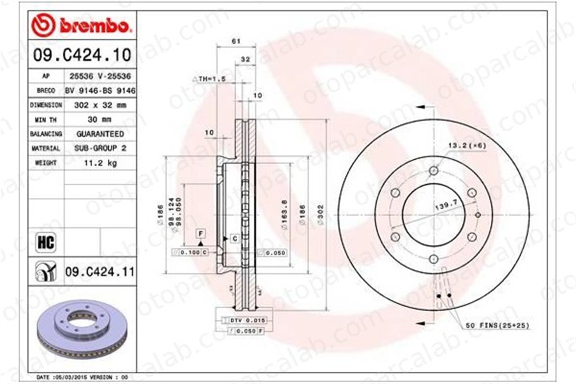BREMBO 09.C424.11 Fren Disk Ayna Ön Sağ ve Sol FORD RANGER AB311125AA AB311125AC