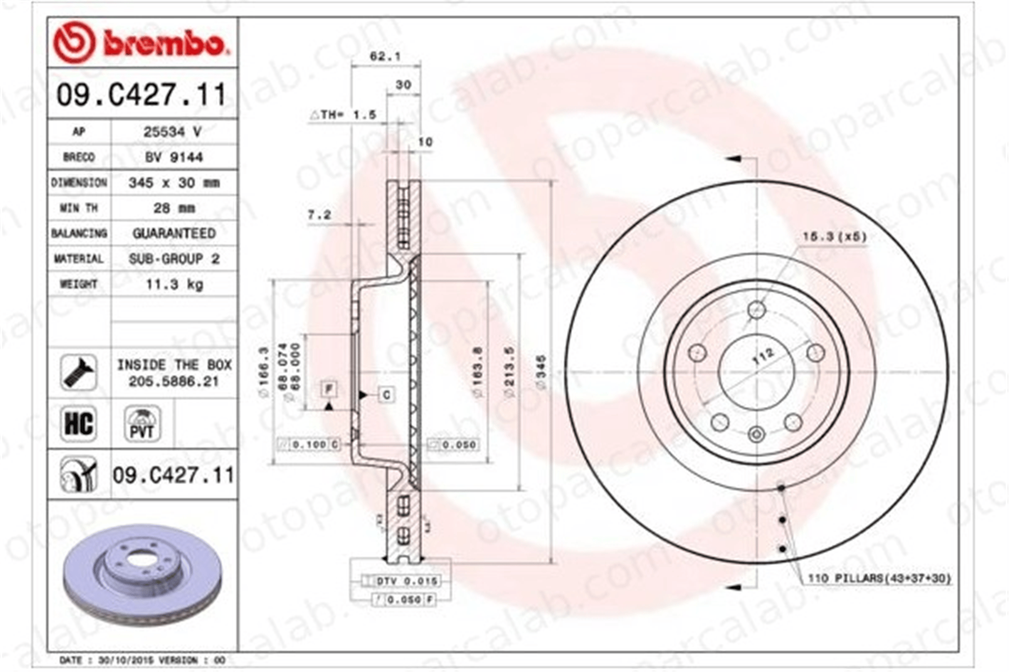 BREMBO 09.C427.11 Fren Disk Ayna Ön Sağ ve Sol AUDI A6 Allroad C7 A6 C7 Avant 4G0615301AB 4G0615301B