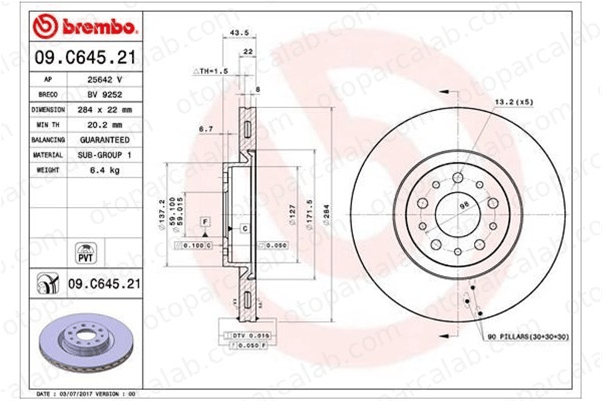 BREMBO 09.C645.21 Fren Disk Ayna Ön Sağ ve Sol FIAT TIPO Hatchback TIPO Station wagon 51990127 51996238