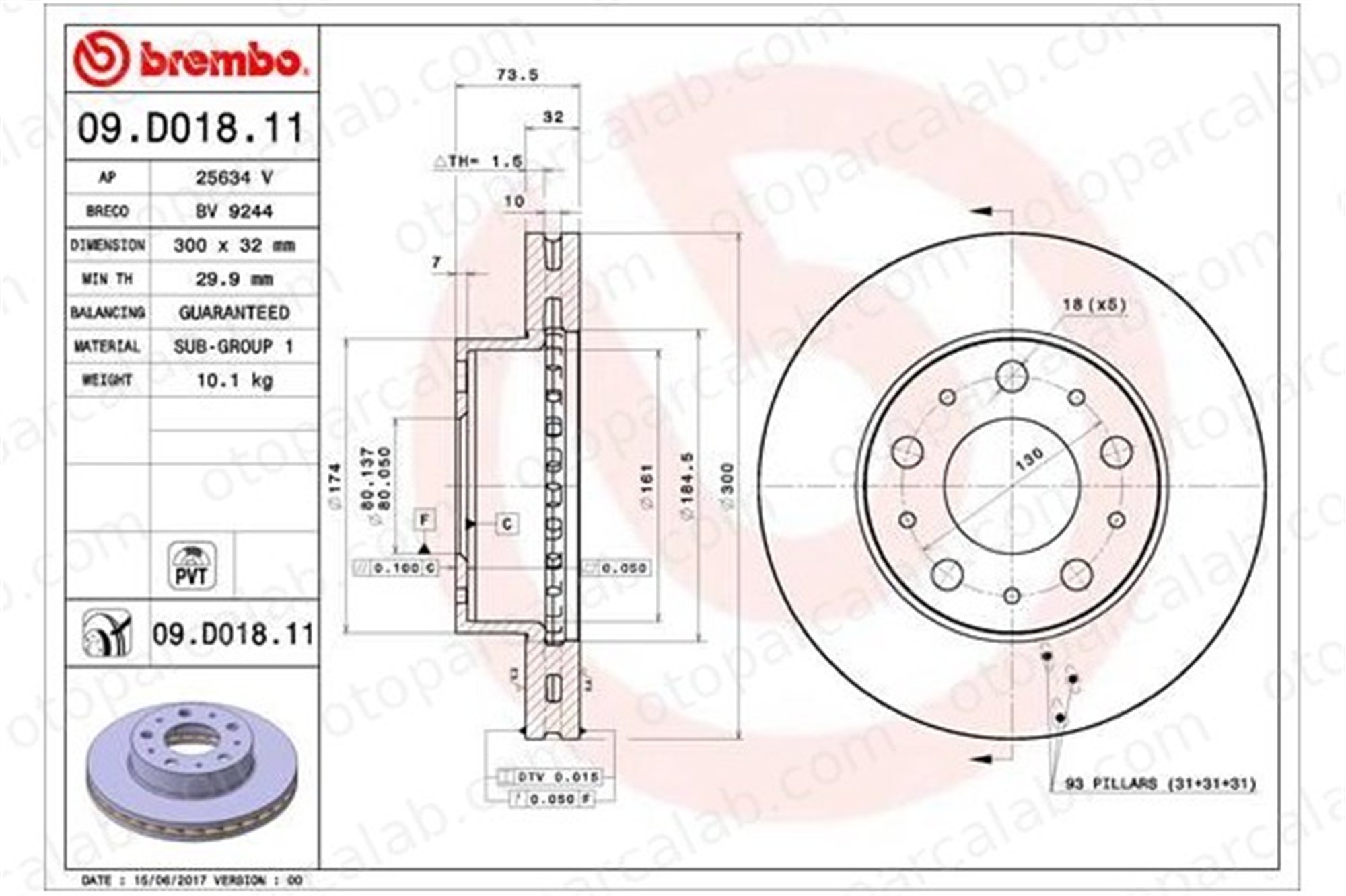 BREMBO 09.D018.11 Fren Disk Ayna Ön Sağ ve Sol CITROËN JUMPER Platform şasi JUMPER Panelvan/Van 1607872380 424937