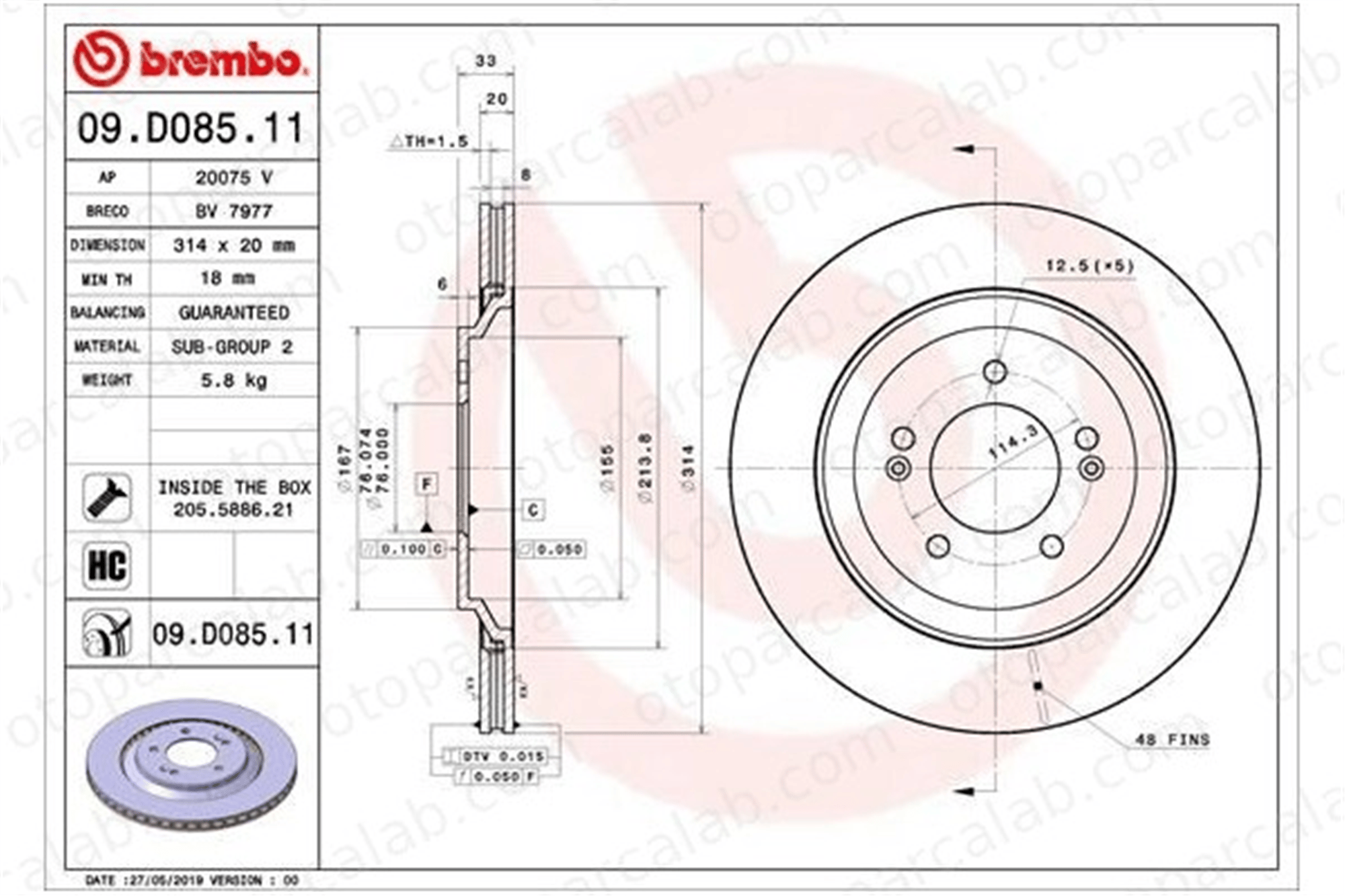 BREMBO 09.D085.11 Fren Disk Ayna Arka Sağ ve Sol HYUNDAI i30 FASTBACK 58411S0500